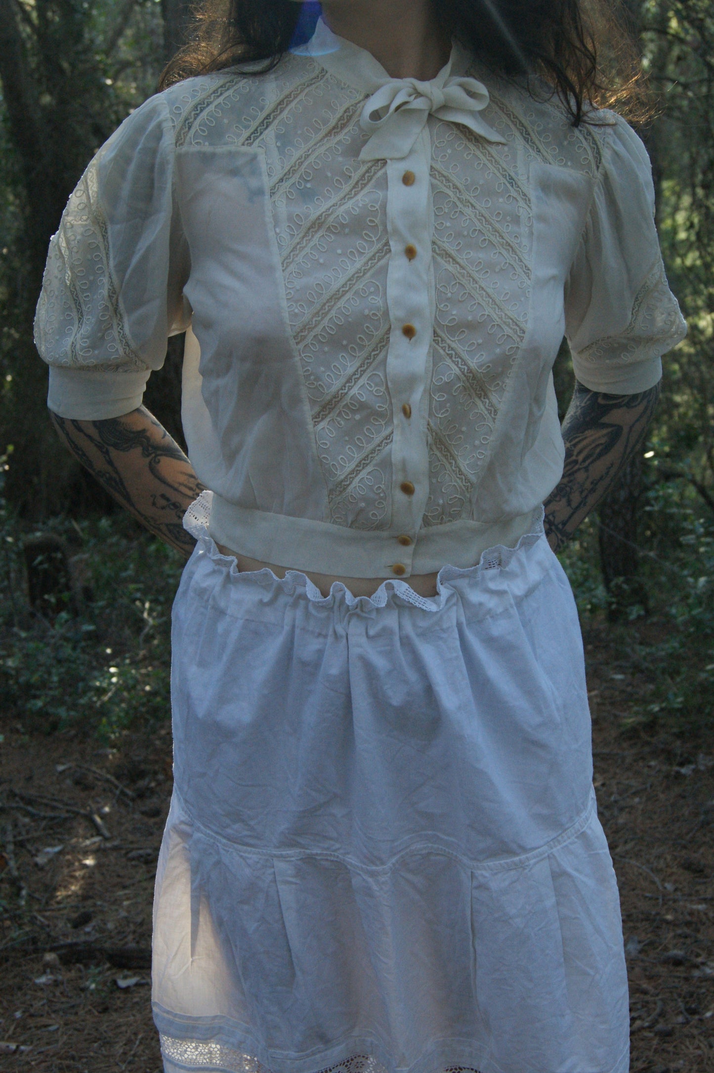 1970s Chevron Lace Victorian-Inspired Crop Blouse with Ribbon Tie - S/M