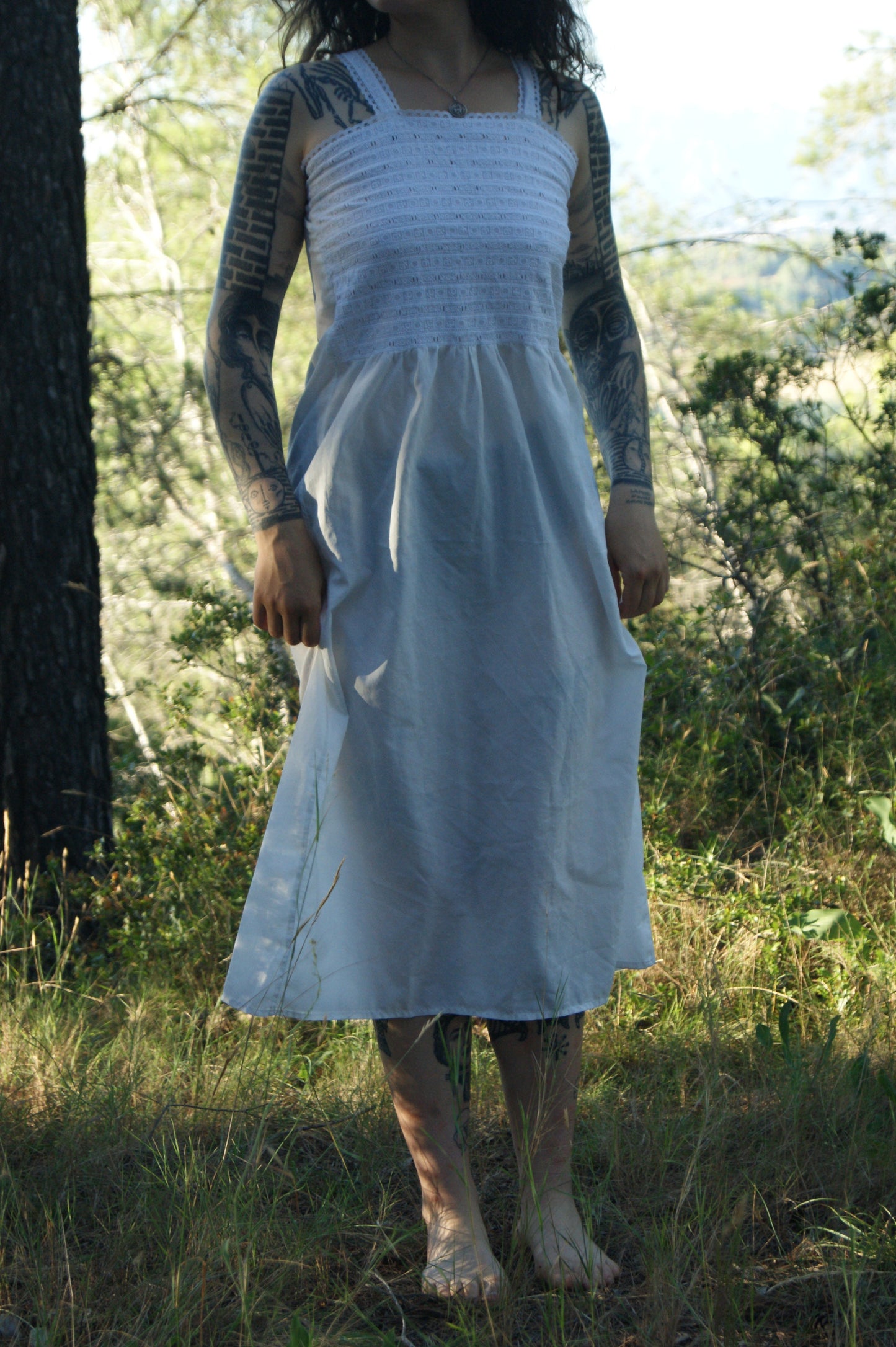1970s Embroidered Cotton Nightgown/Sundress with Cutwork Detail - S