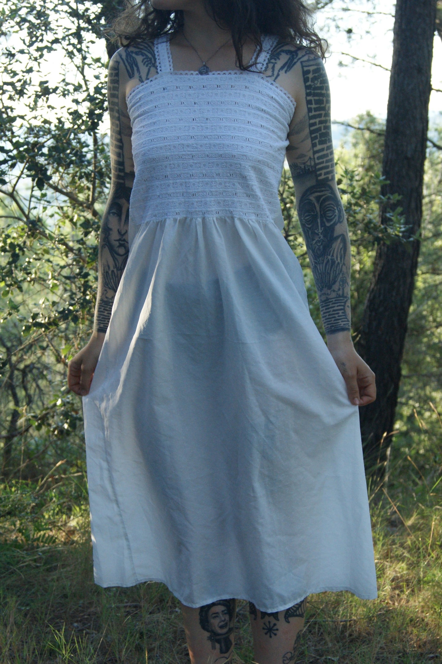 1970s Embroidered Cotton Nightgown/Sundress with Cutwork Detail - S