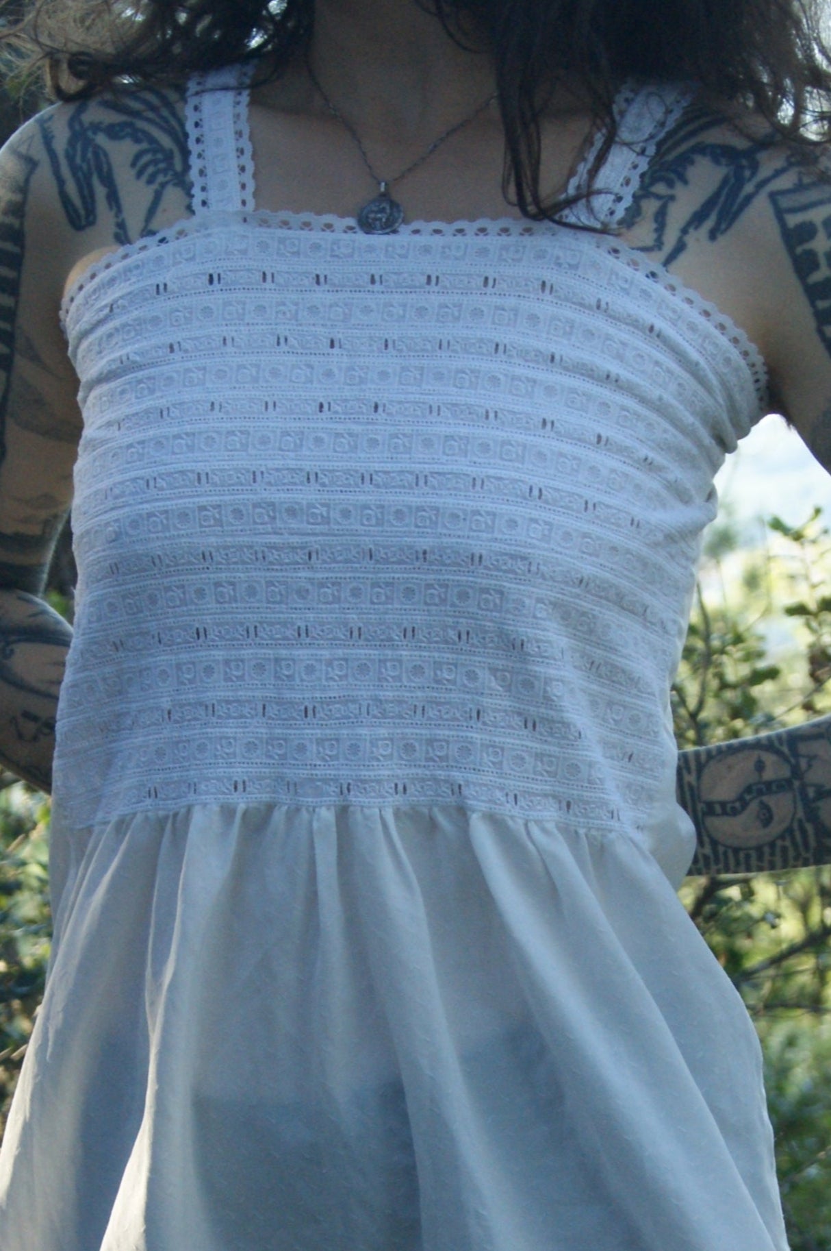 1970s Embroidered Cotton Nightgown/Sundress with Cutwork Detail - S