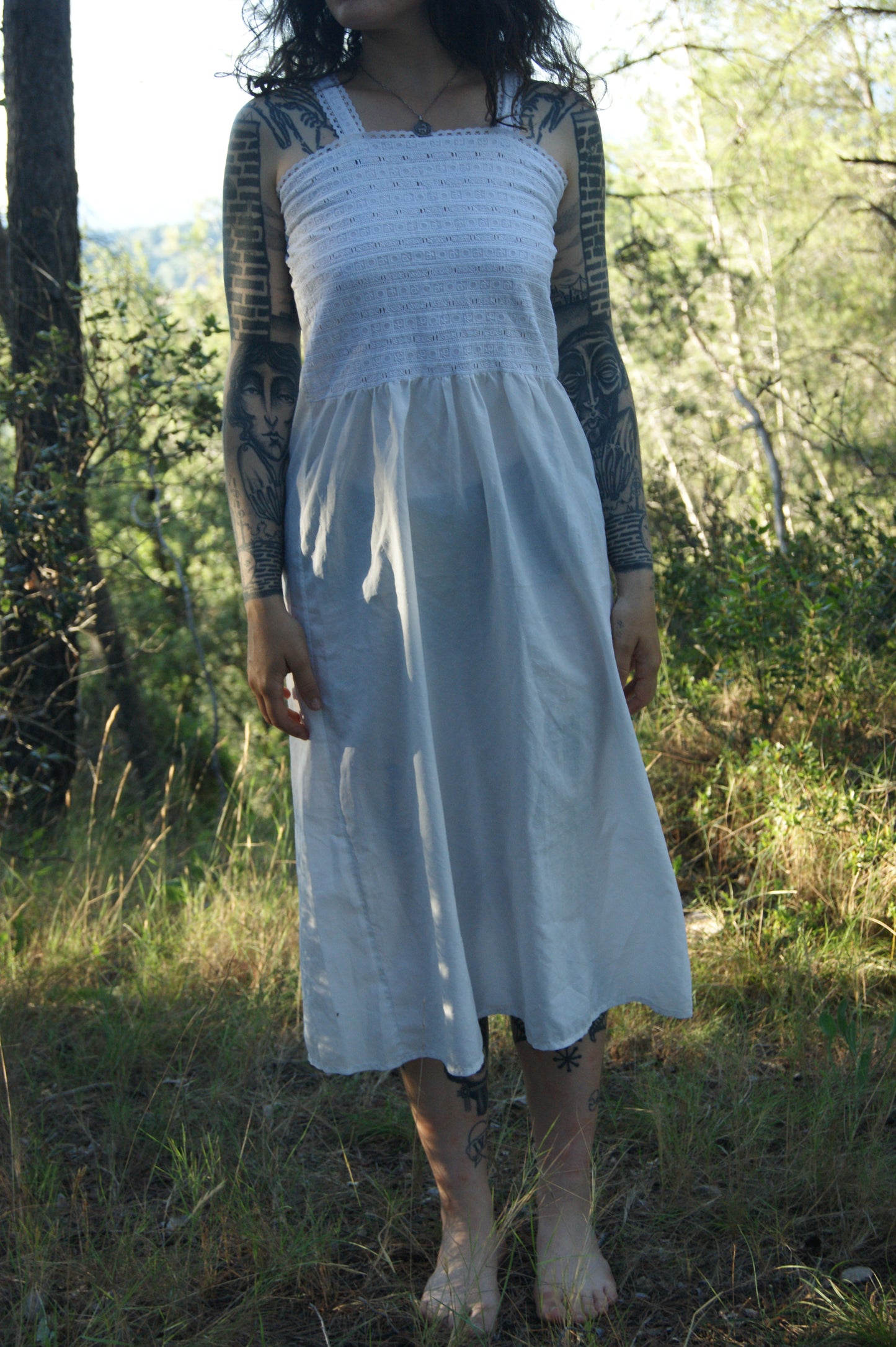 1970s Embroidered Cotton Nightgown/Sundress with Cutwork Detail - S