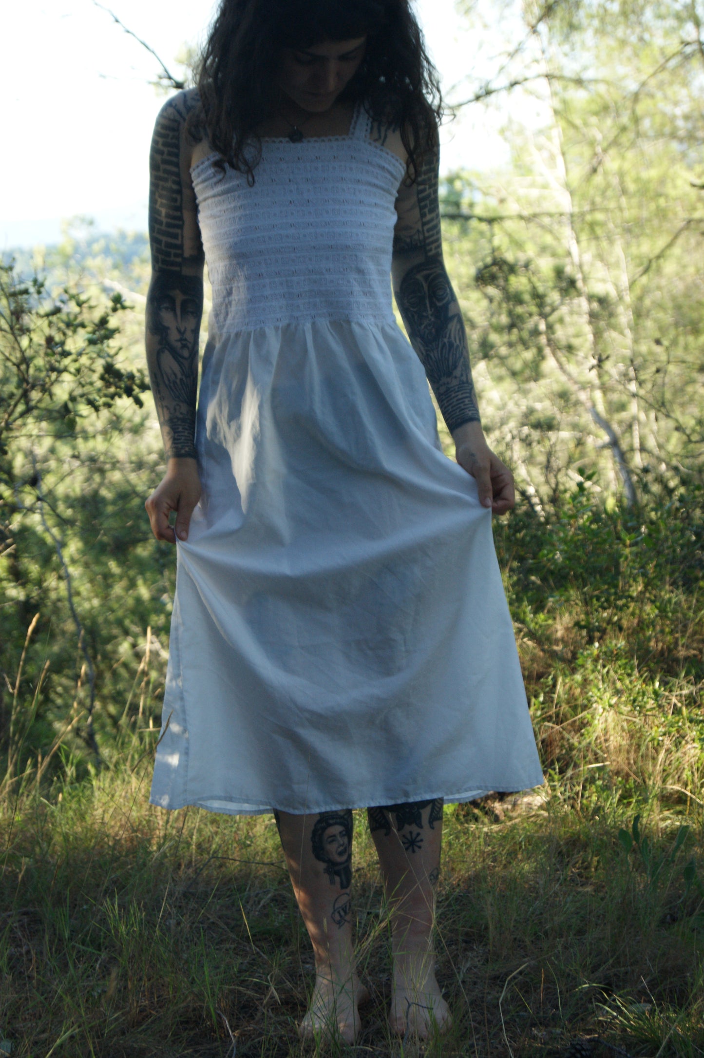 1970s Embroidered Cotton Nightgown/Sundress with Cutwork Detail - S