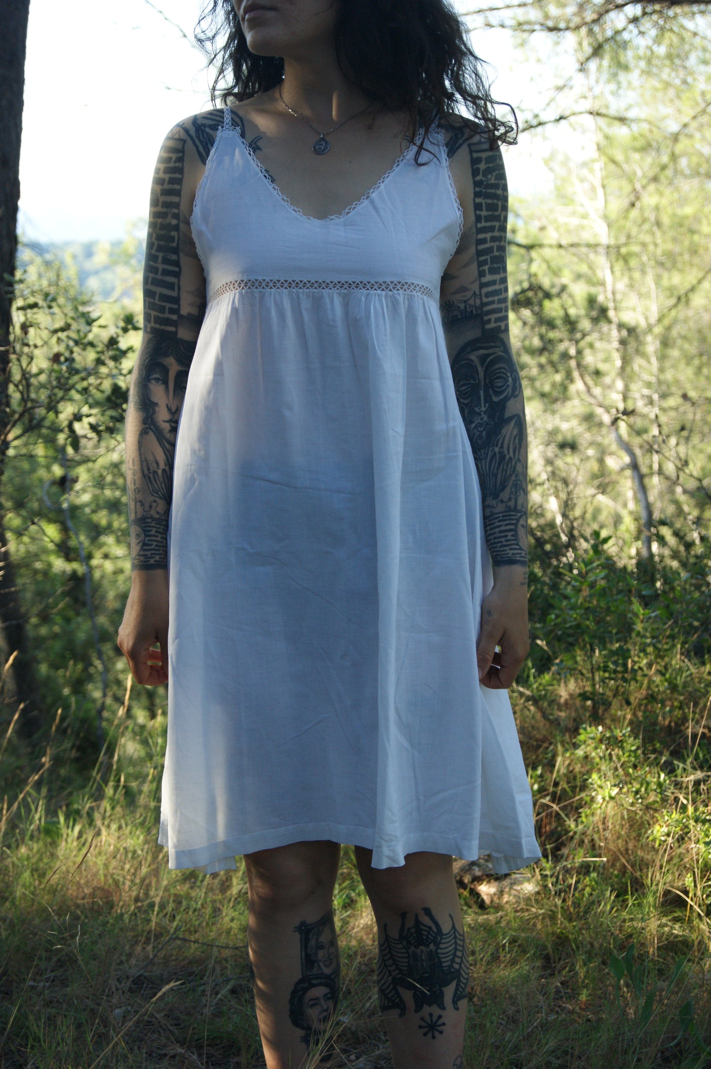1920s Hand-Crafted Cotton Nightgown/Sundress with Ladder Lace Trim - M