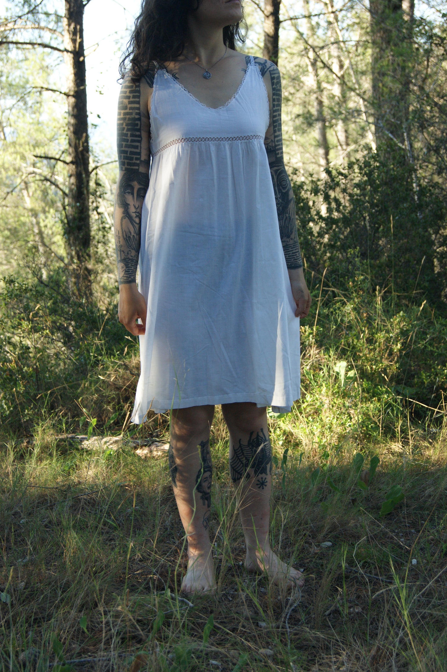 1920s Hand-Crafted Cotton Nightgown/Sundress with Ladder Lace Trim - M