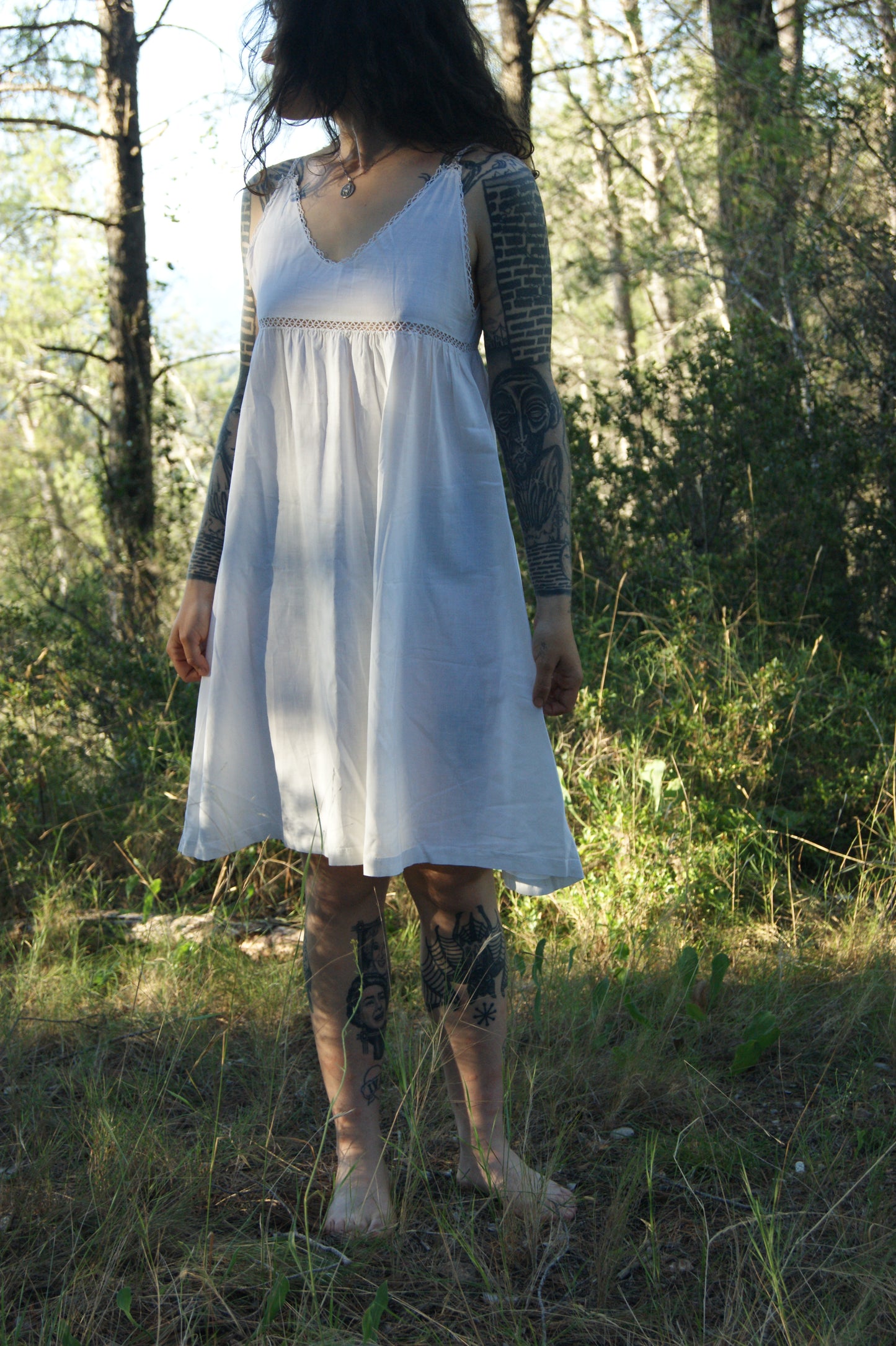 1920s Hand-Crafted Cotton Nightgown/Sundress with Ladder Lace Trim - M
