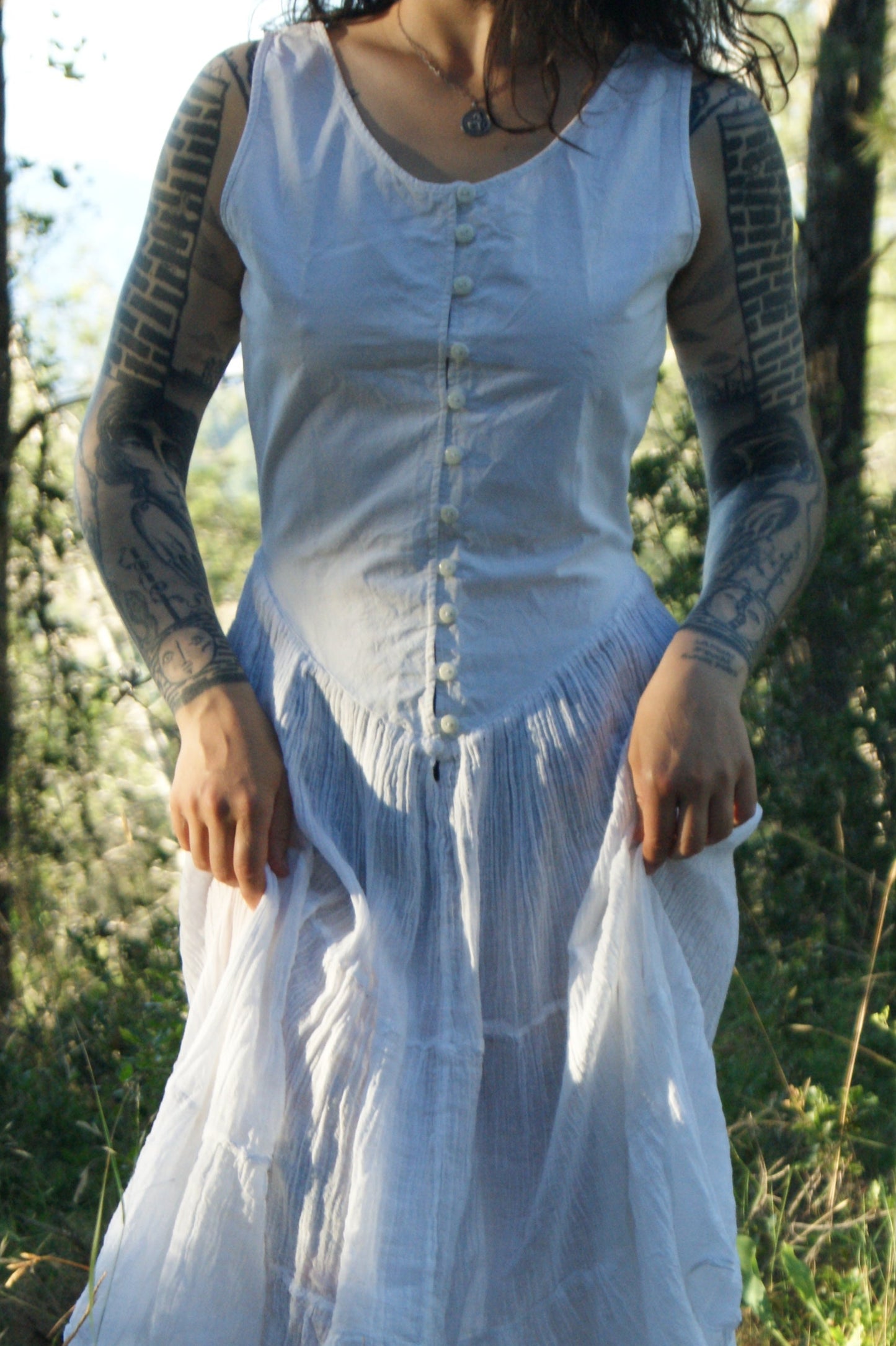 Antique 1800s/1900s Hand-Made Cotton Corset Cover with Tiered Skirt - S
