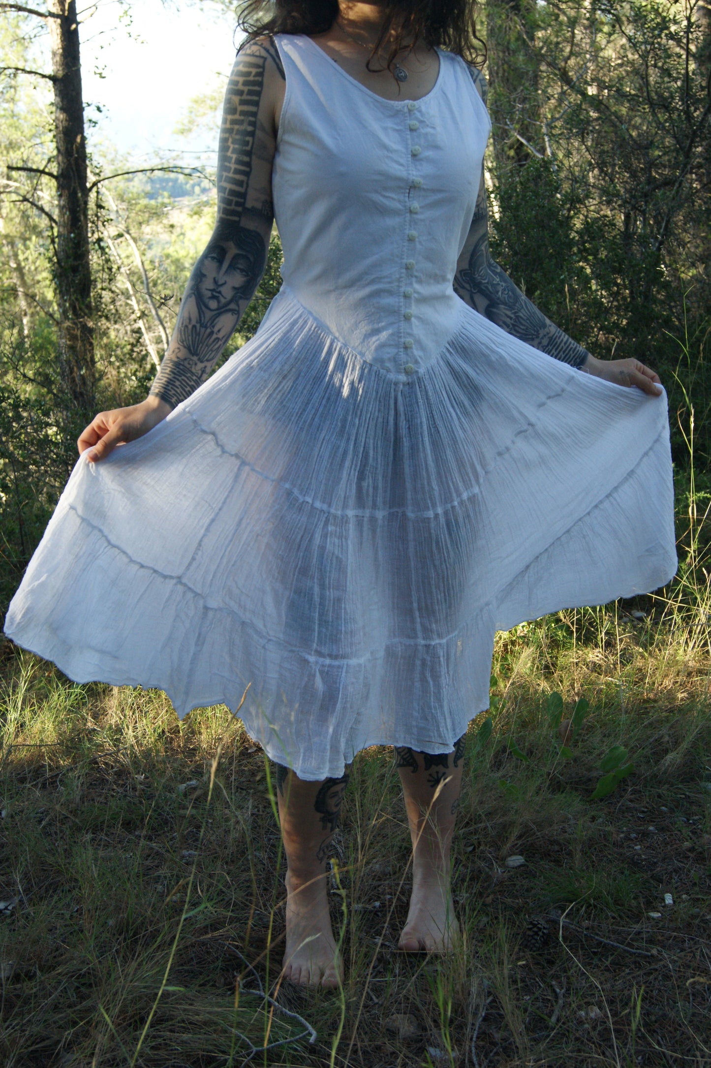 Antique 1800s/1900s Hand-Made Cotton Corset Cover with Tiered Skirt - S