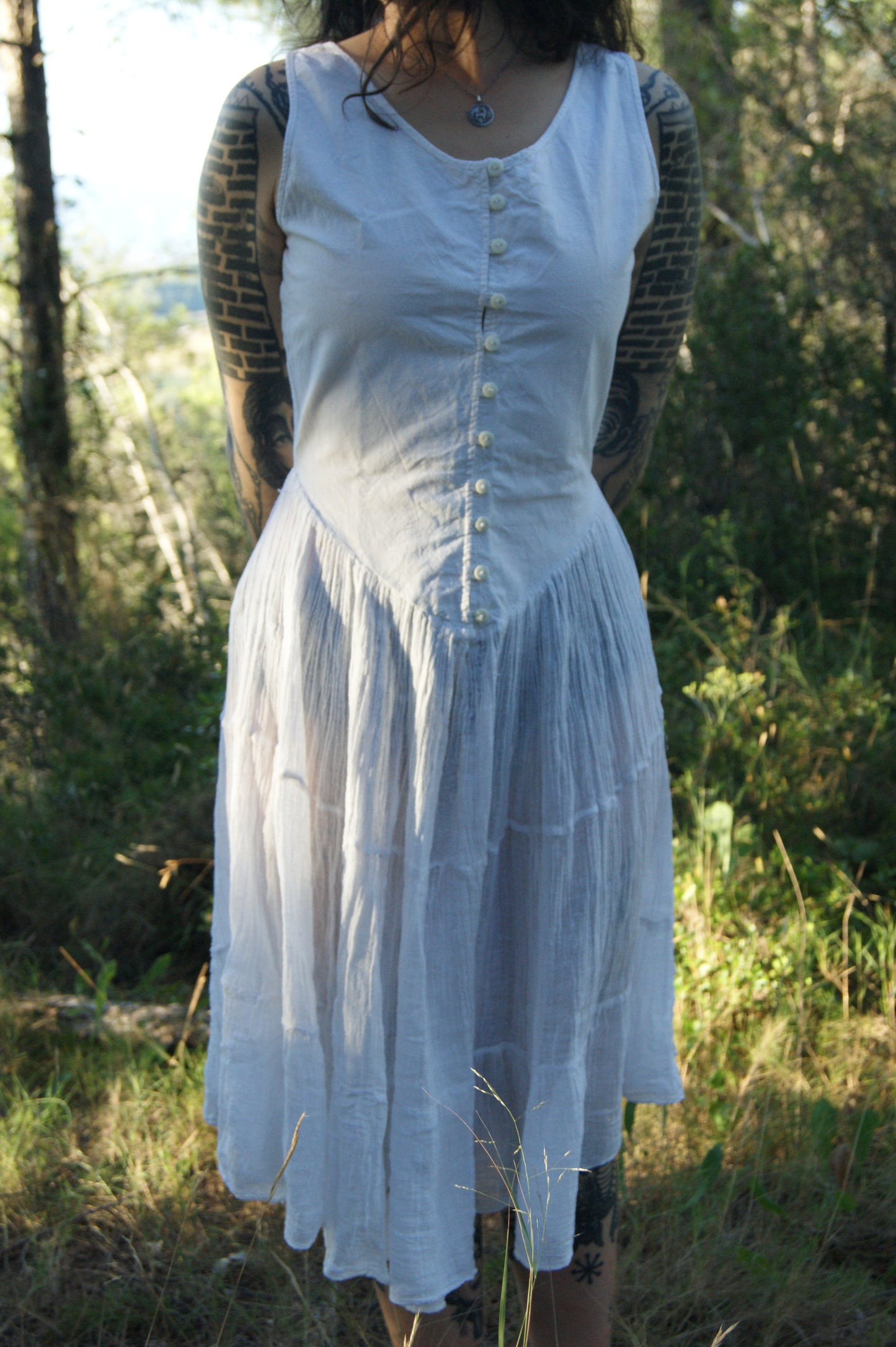 Antique 1800s/1900s Hand-Made Cotton Corset Cover with Tiered Skirt - S
