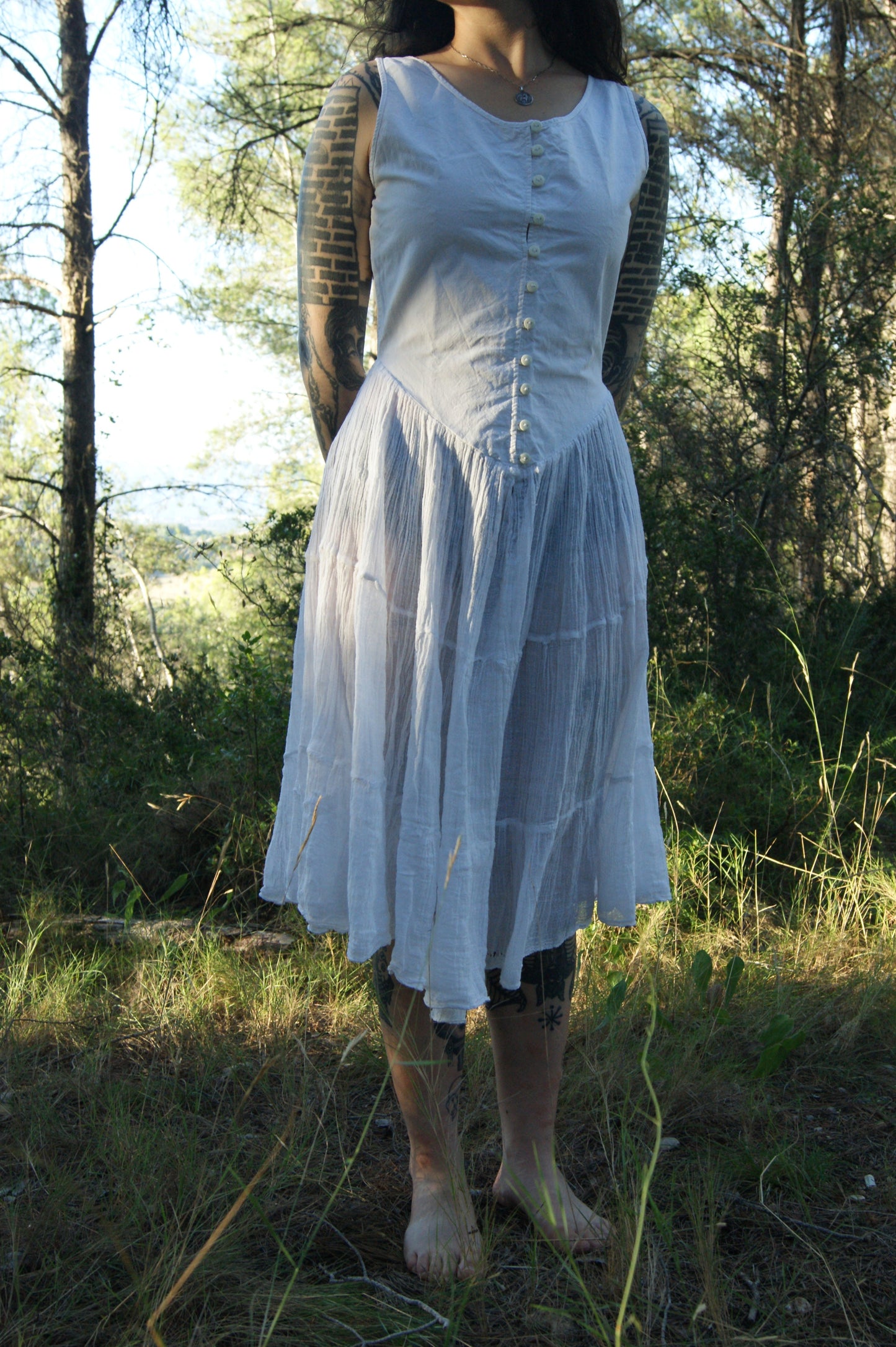 Antique 1800s/1900s Hand-Made Cotton Corset Cover with Tiered Skirt - S
