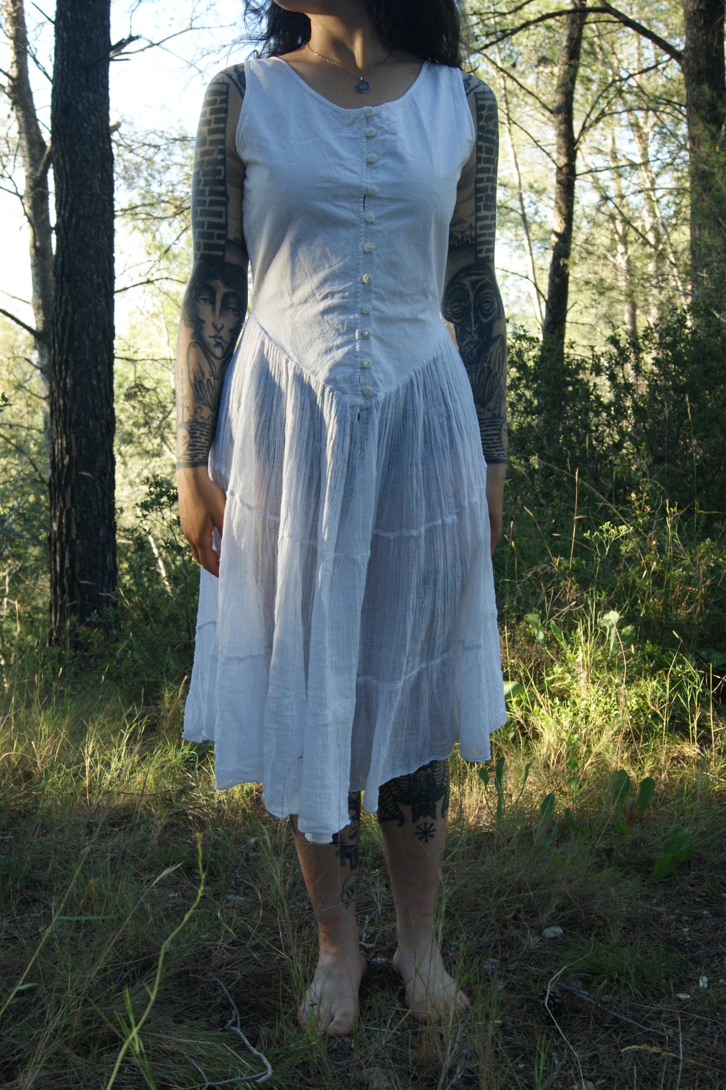 Antique 1800s/1900s Hand-Made Cotton Corset Cover with Tiered Skirt - S