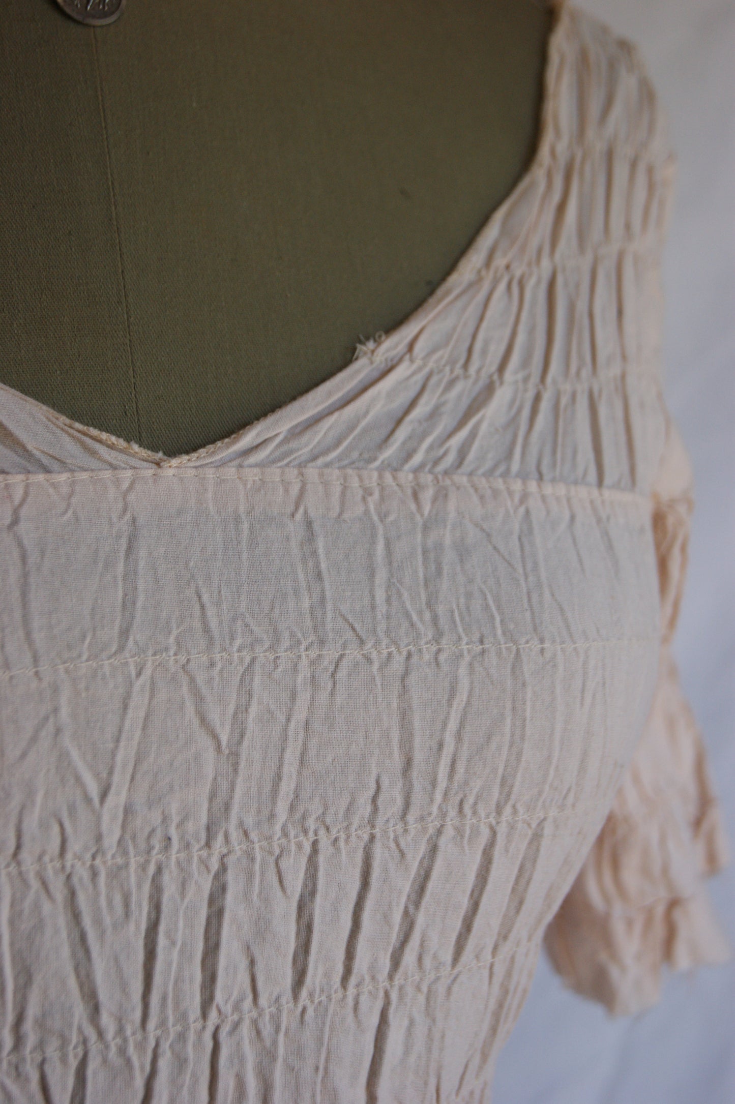 1970s Raw Smocked Peasant Blouse Cotton - XS/S