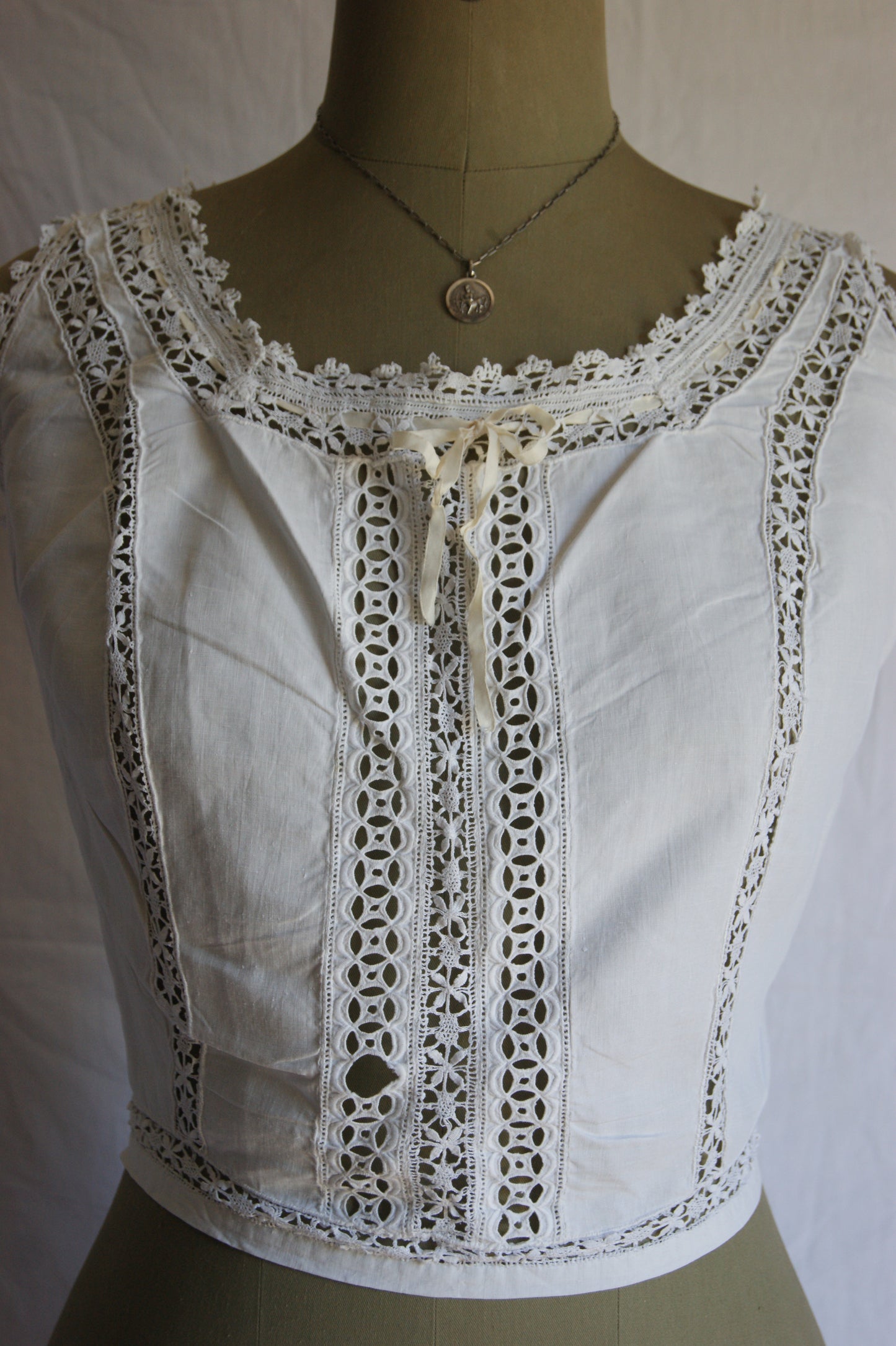 Late 1800s Antique Cotton Corset Cover with Intricate Lacework Trim - S