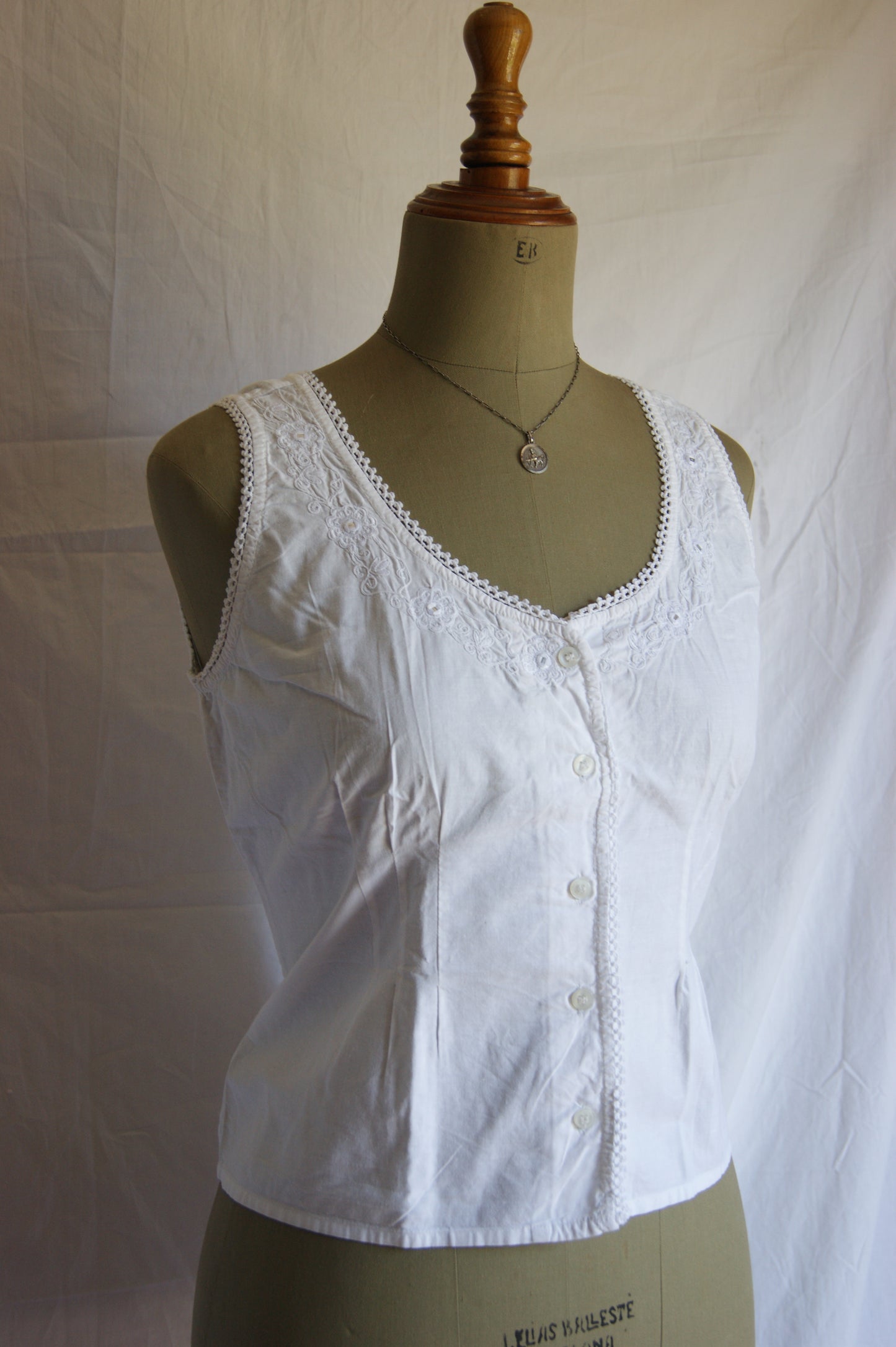1950s Whitework Embroidered Cotton Camisole - L