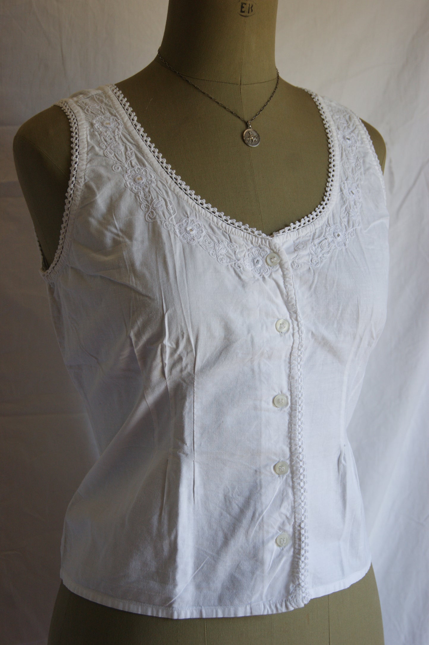 1950s Whitework Embroidered Cotton Camisole - L
