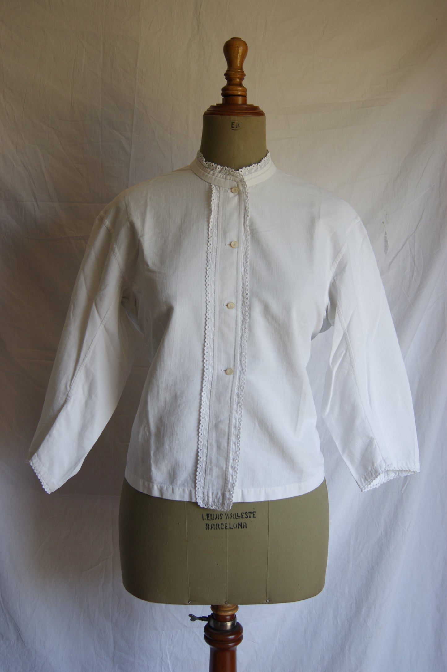 1890s Antique Hand-Made Cotton Blouse with Hidden Monogram - M/L