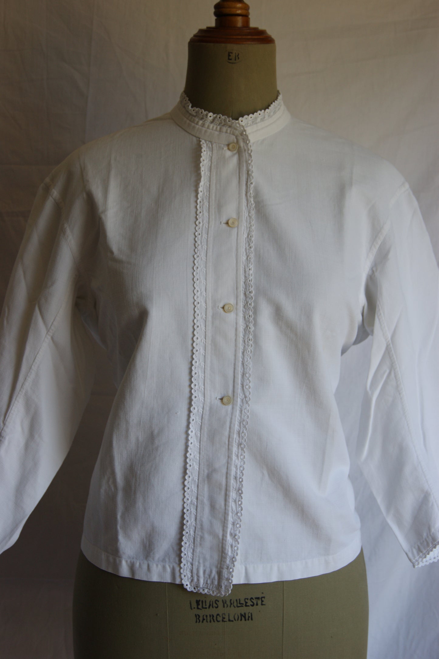 1890s Antique Hand-Made Cotton Blouse with Hidden Monogram - M/L
