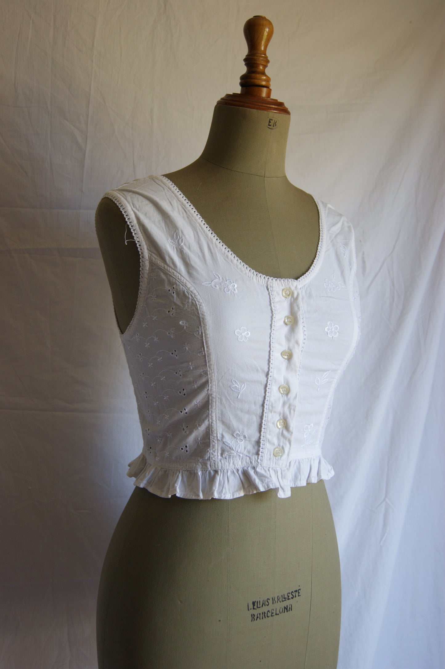1980s White Cotton Broderie Anglaise Corset Blouse - S/M