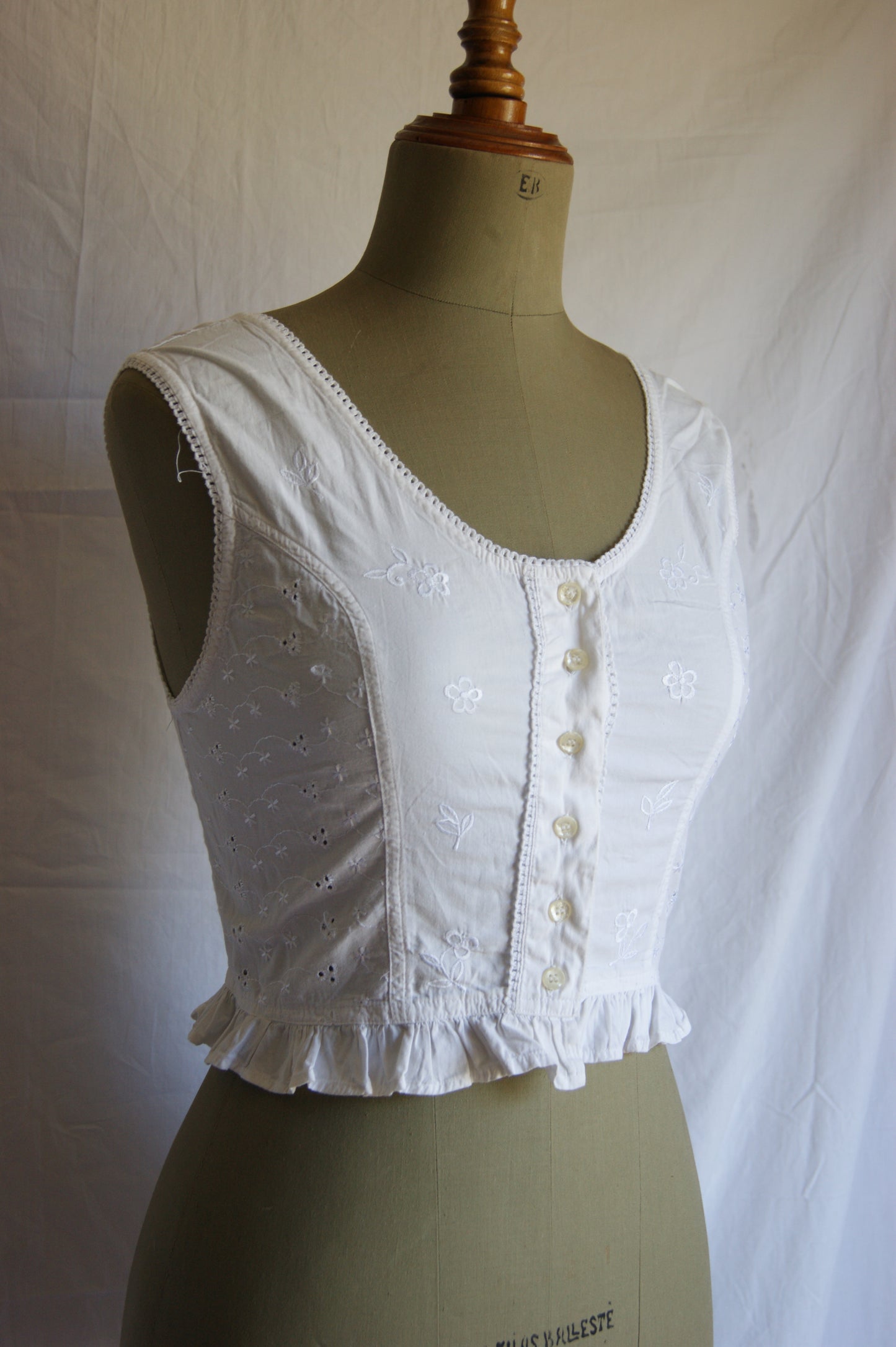 1980s White Cotton Broderie Anglaise Corset Blouse - S/M