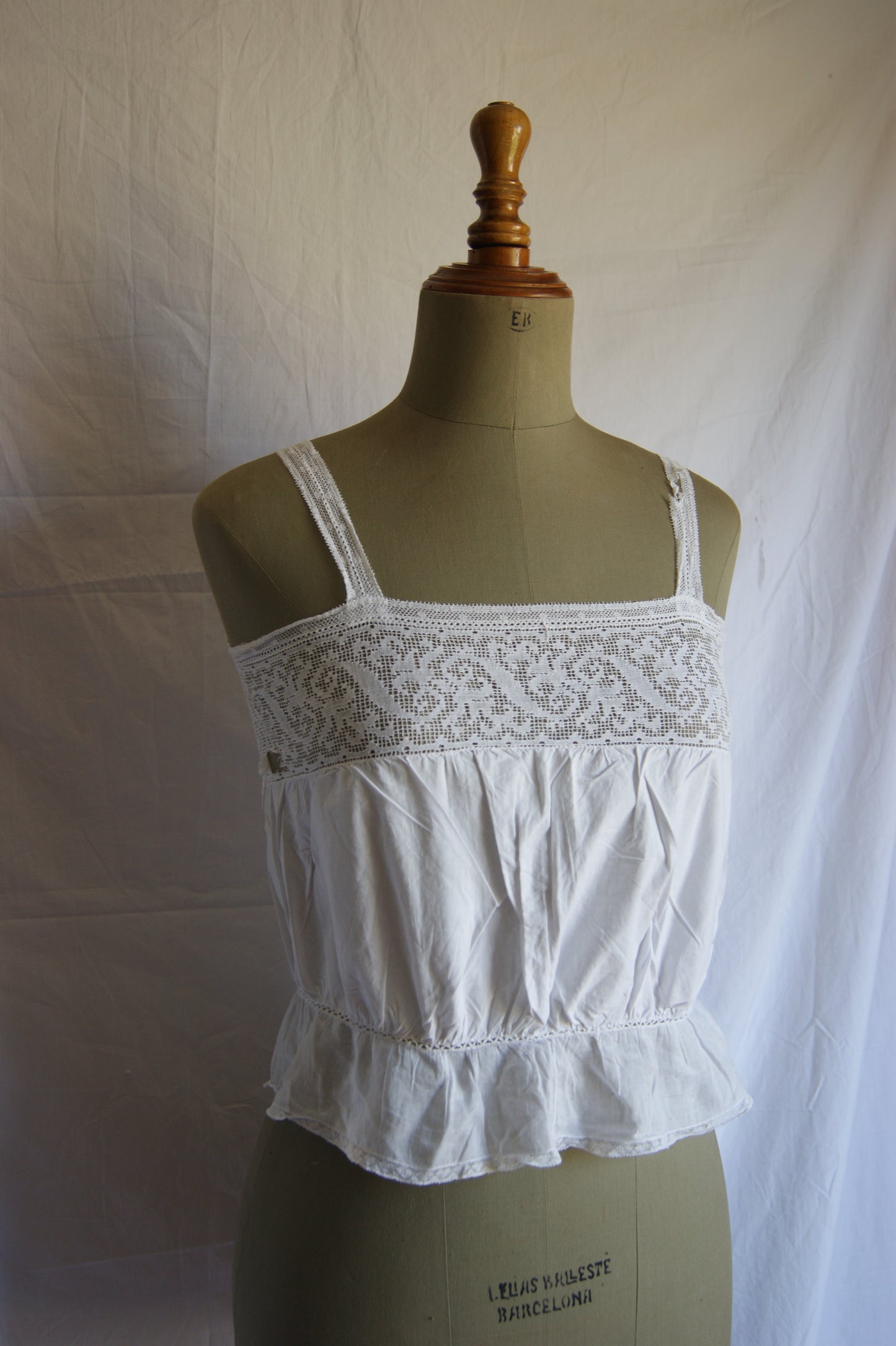 Late 1800s Antique White Cotton Camisole with Hand-Crocheted Lace Trim