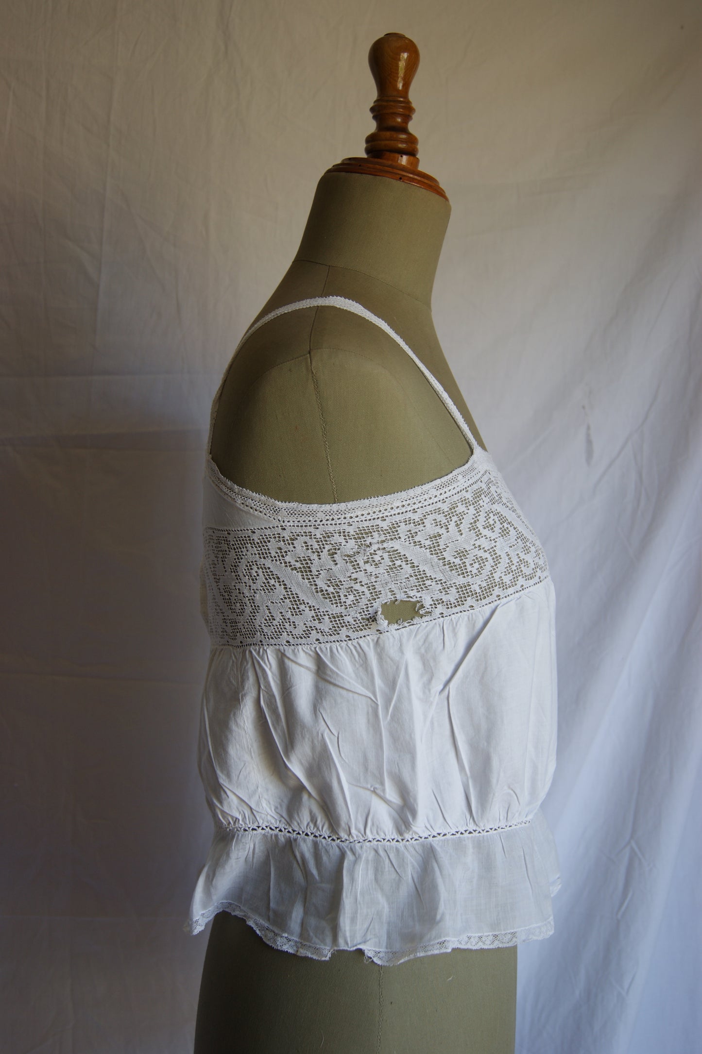 Late 1800s Antique White Cotton Camisole with Hand-Crocheted Lace Trim