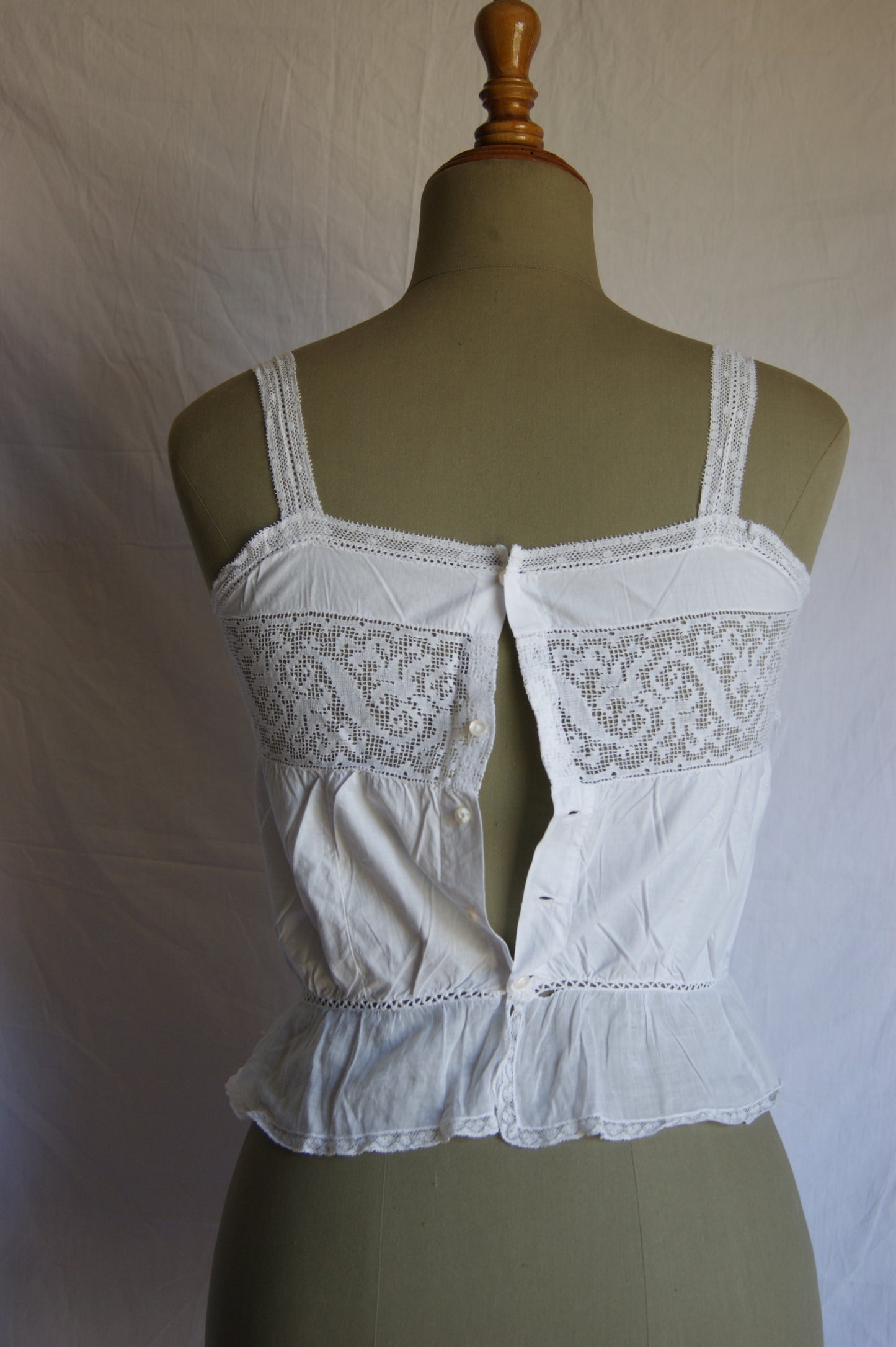 Late 1800s Antique White Cotton Camisole with Hand-Crocheted Lace Trim