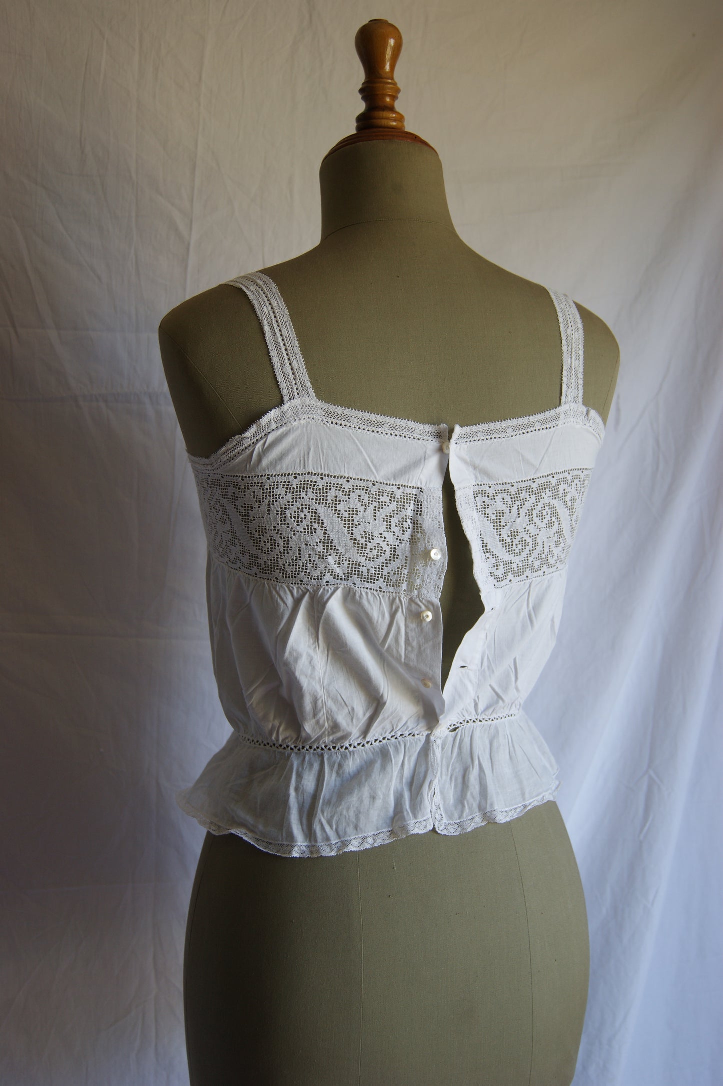 Late 1800s Antique White Cotton Camisole with Hand-Crocheted Lace Trim