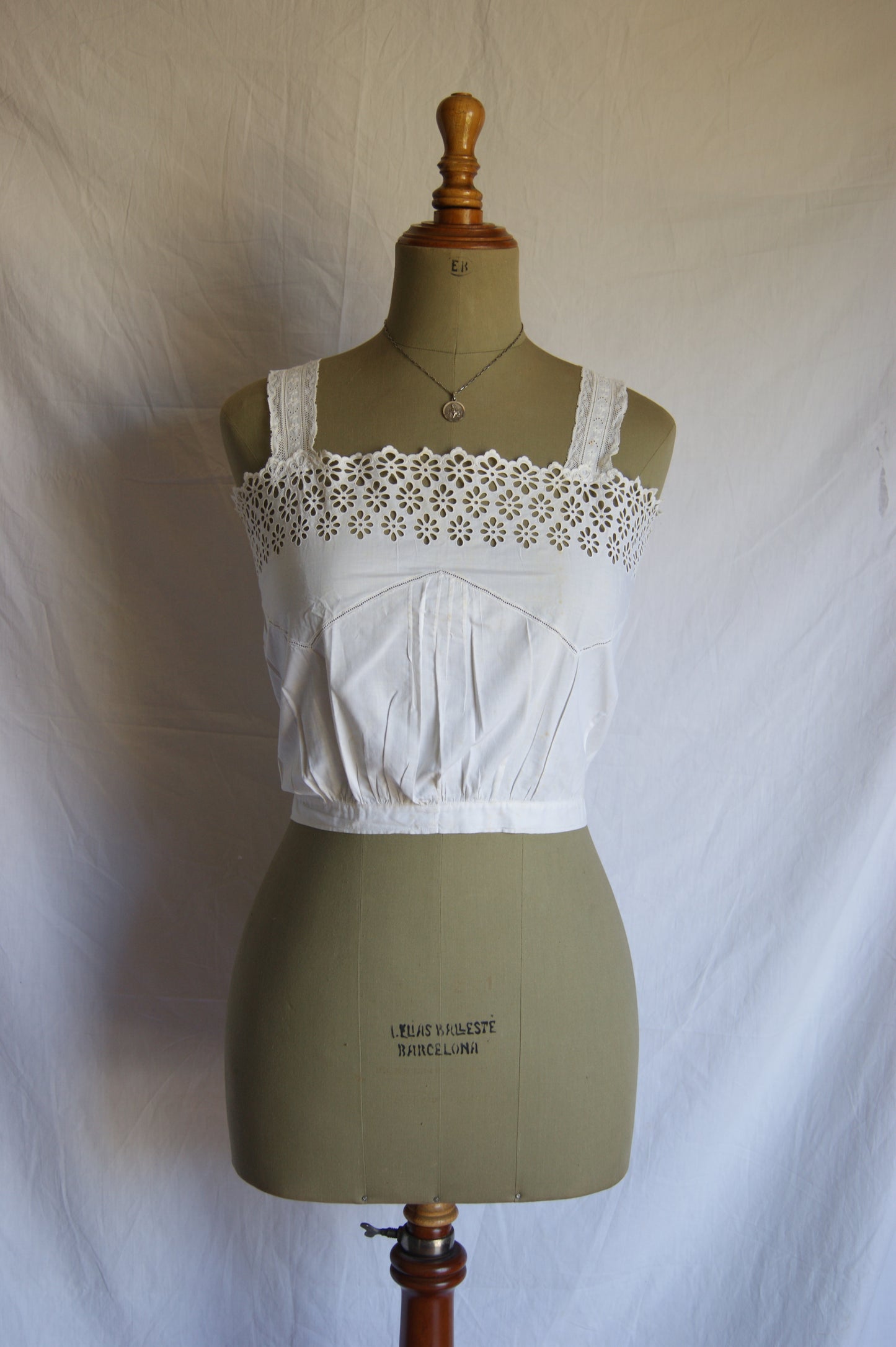 1800s Hand-Stitched Cotton Corset Cover with Eyelet Lacework - S