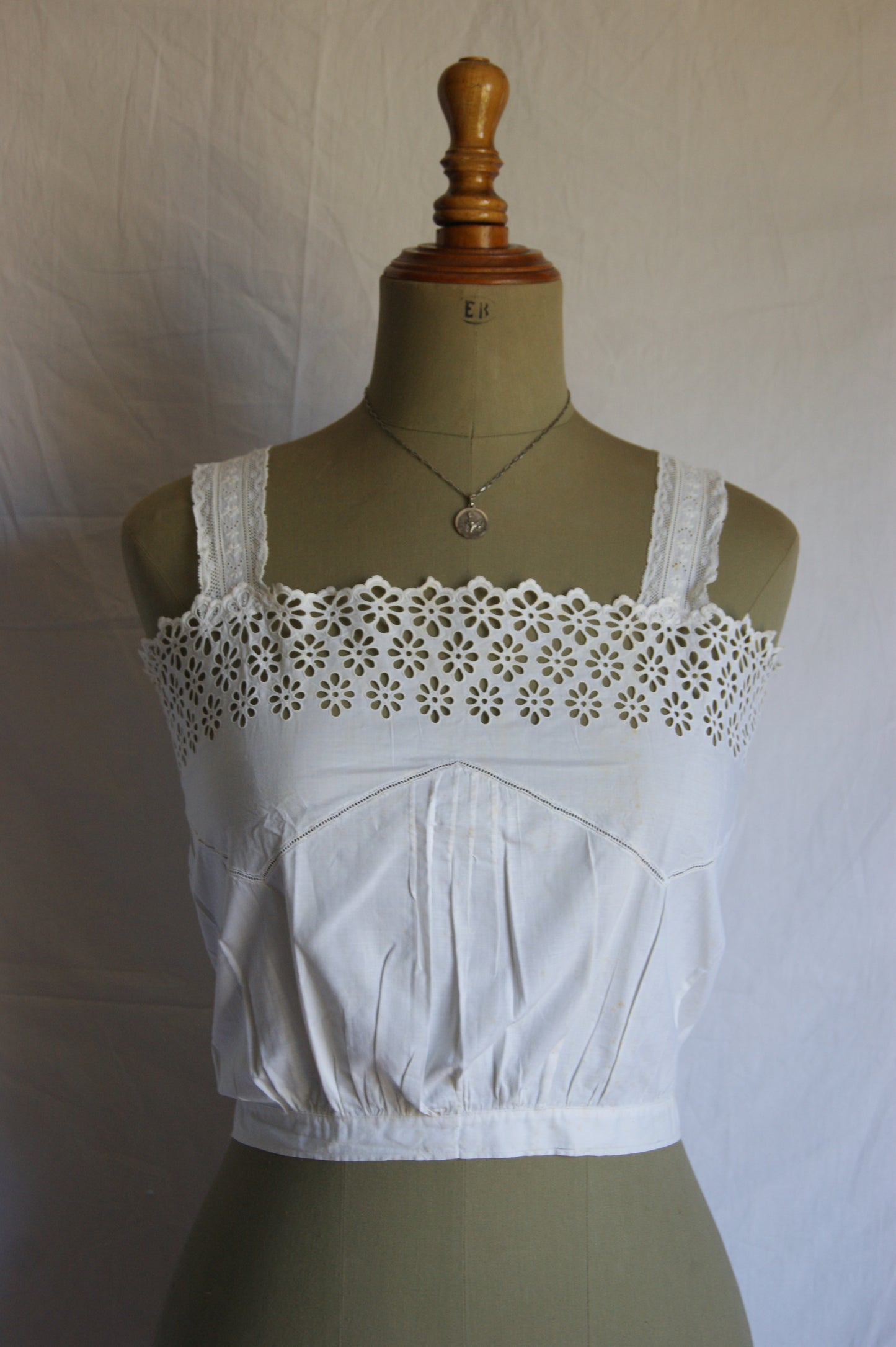 1800s Hand-Stitched Cotton Corset Cover with Eyelet Lacework - S