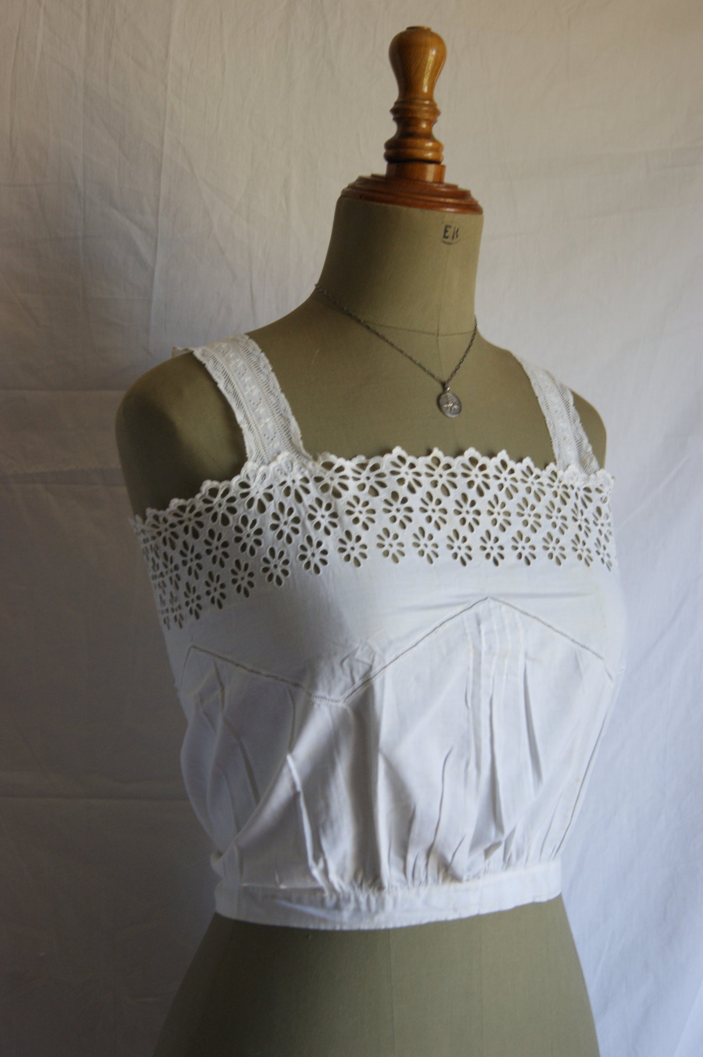 1800s Hand-Stitched Cotton Corset Cover with Eyelet Lacework - S