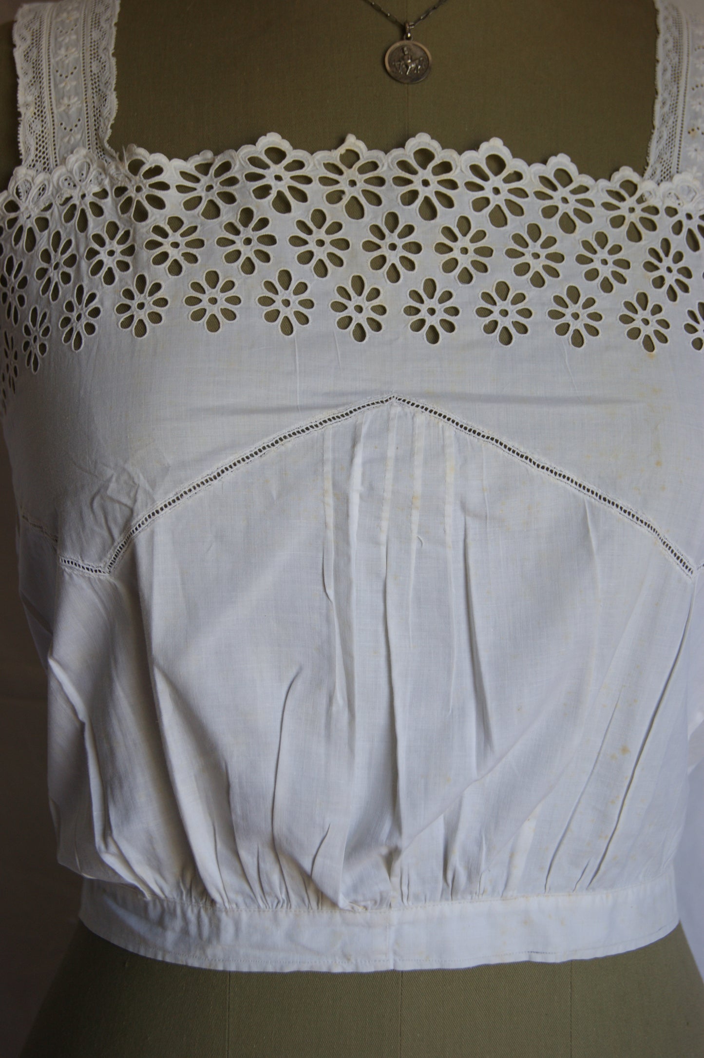 1800s Hand-Stitched Cotton Corset Cover with Eyelet Lacework - S