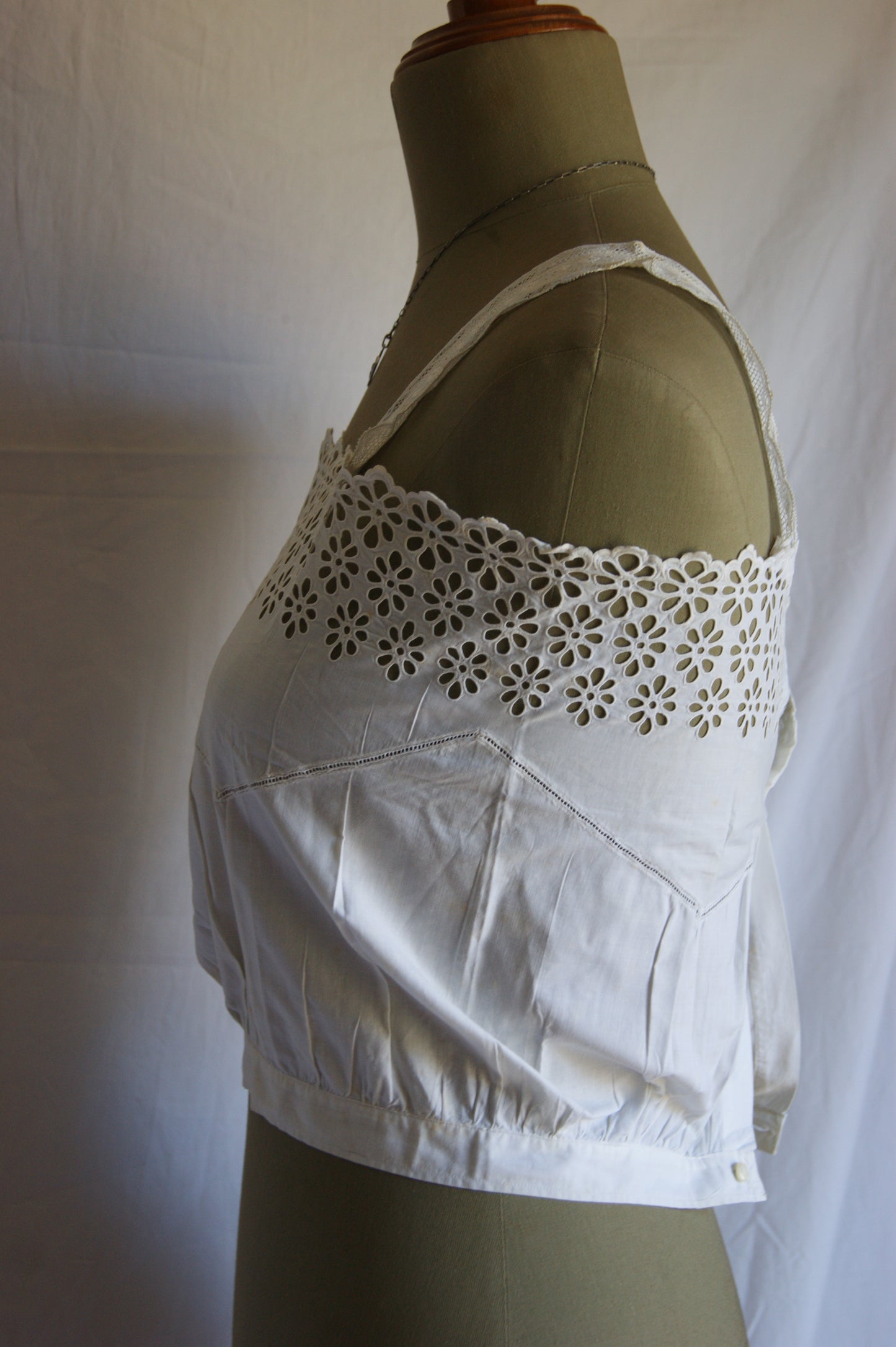 1800s Hand-Stitched Cotton Corset Cover with Eyelet Lacework - S