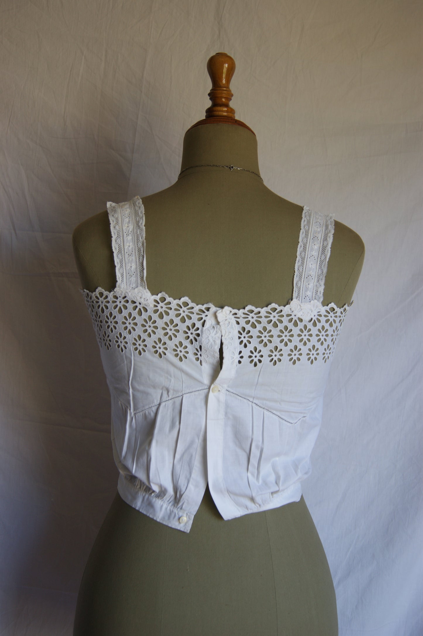 1800s Hand-Stitched Cotton Corset Cover with Eyelet Lacework - S