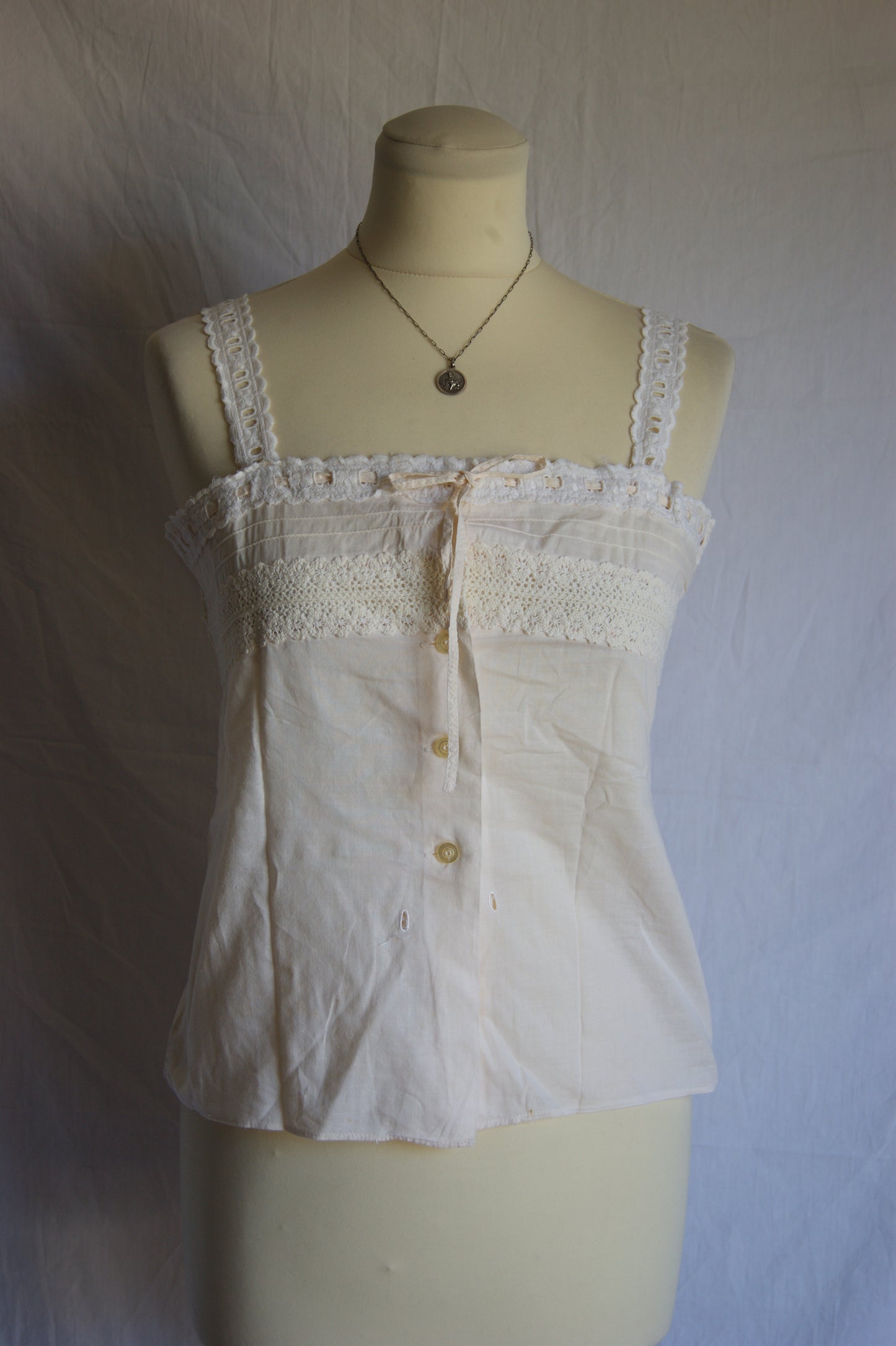 1940s Hand-Made Pale Salmon Cotton Camisole with Lace Trim Bodice - S/M