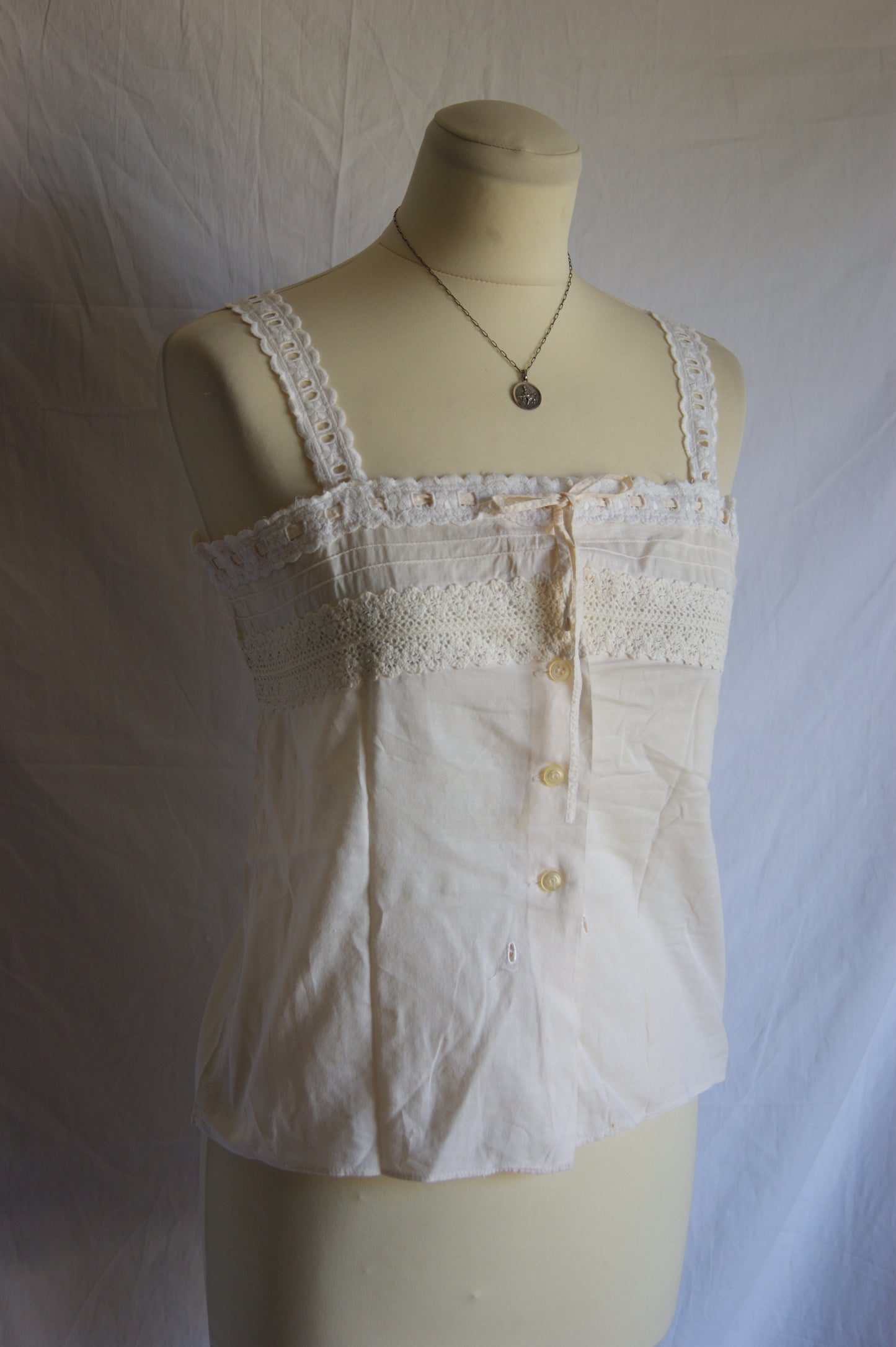 1940s Hand-Made Pale Salmon Cotton Camisole with Lace Trim Bodice - S/M