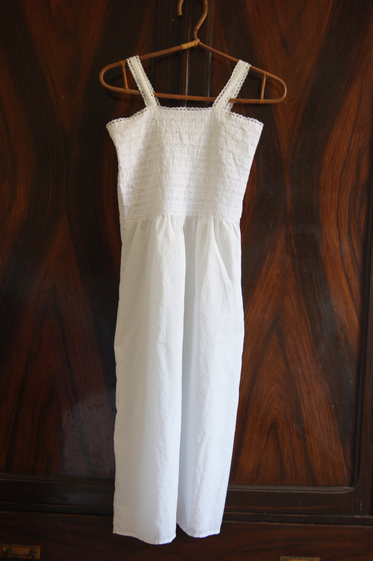 1970s Embroidered Cotton Nightgown/Sundress with Cutwork Detail - S
