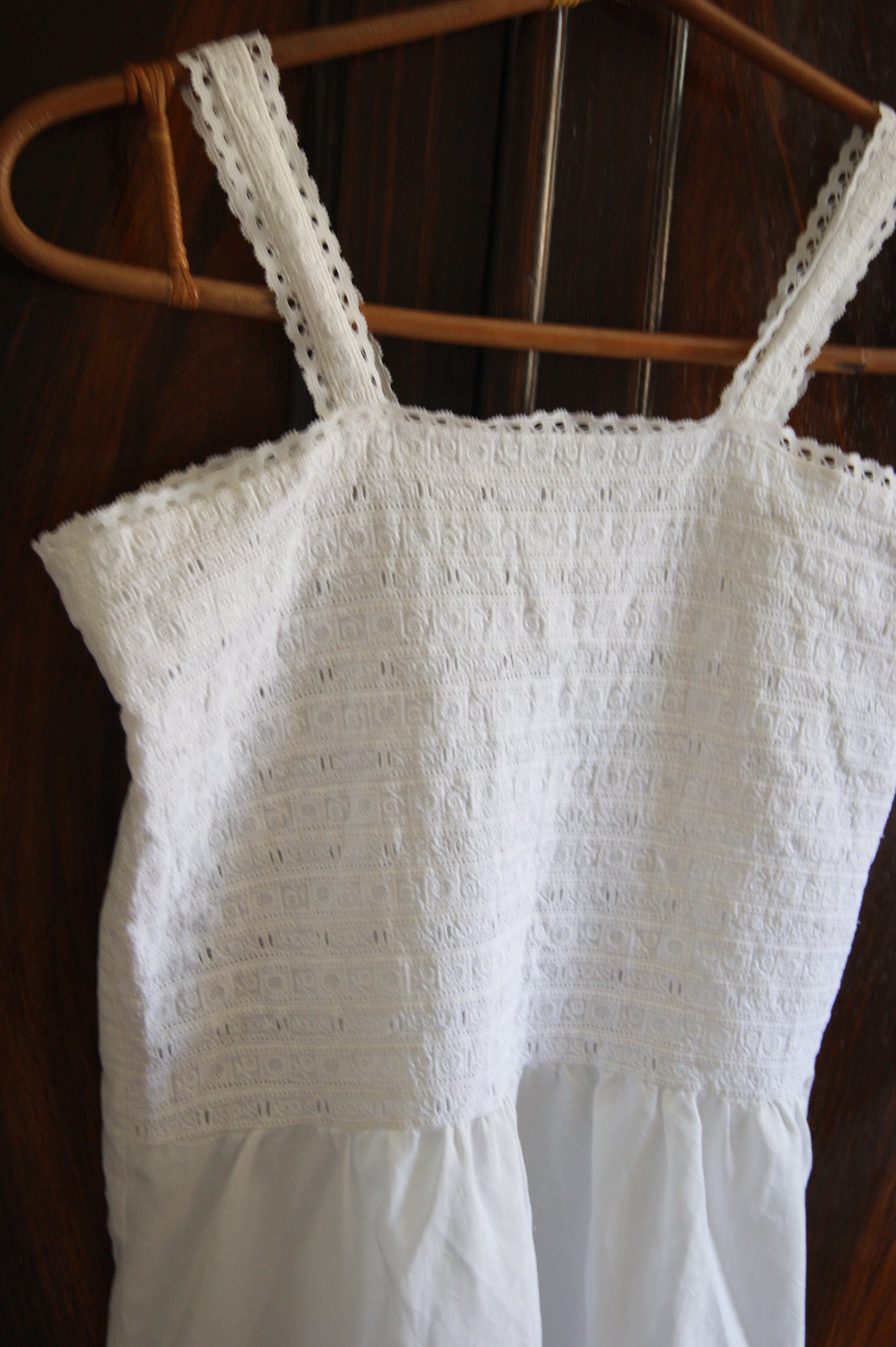 1970s Embroidered Cotton Nightgown/Sundress with Cutwork Detail - S