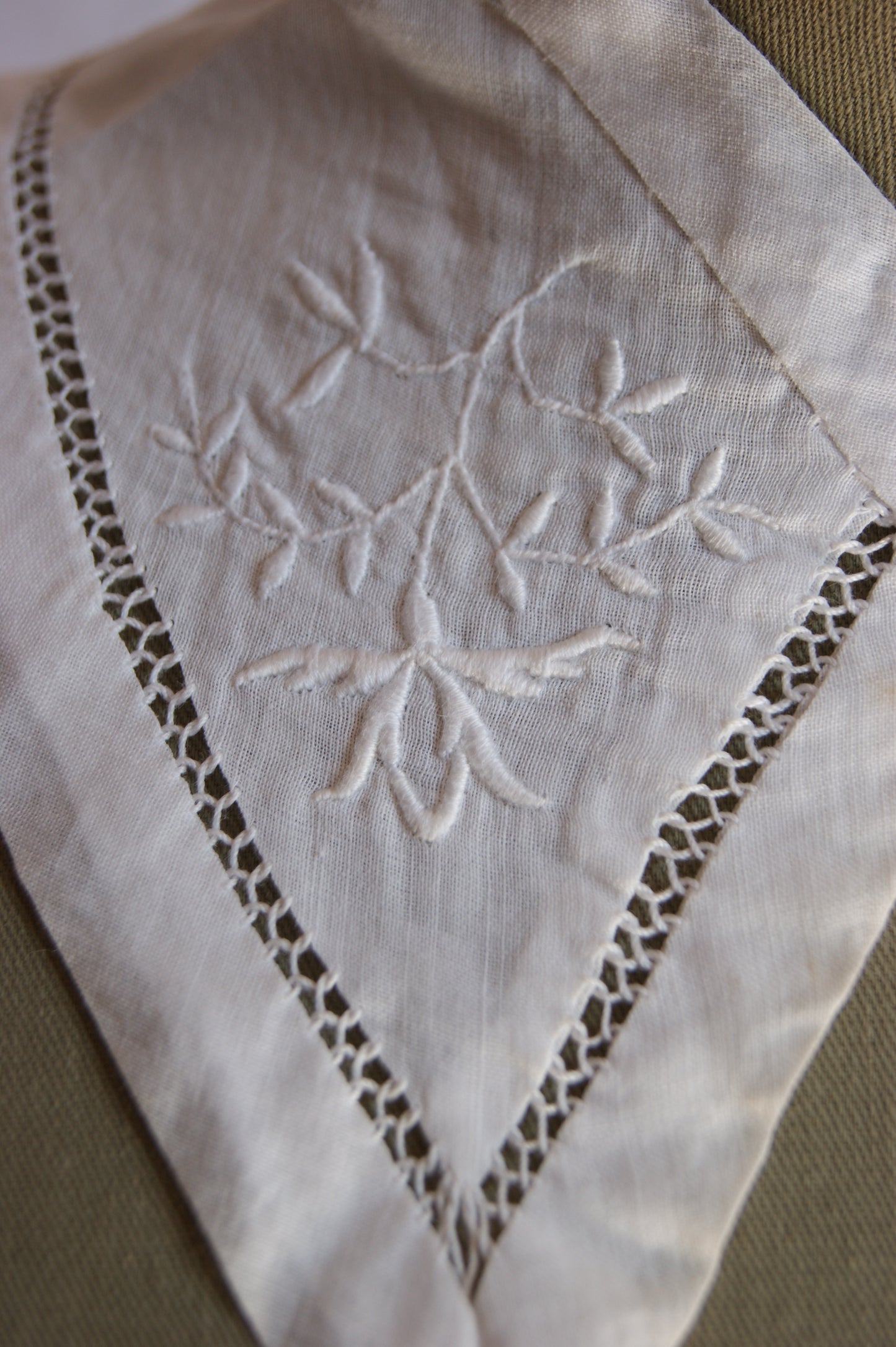Antique Hand-Embroidered Cotton Collar with Floral Whitework