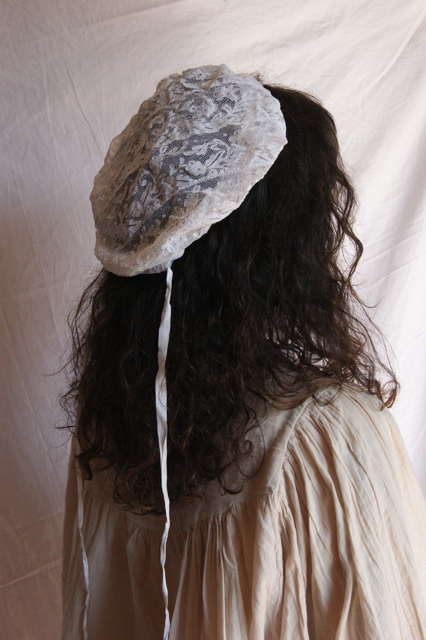 Antique French Filet Lace Bonnet with Ties