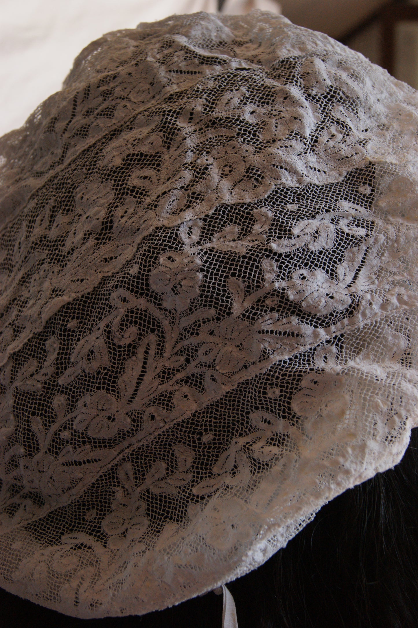 Antique French Filet Lace Bonnet with Ties