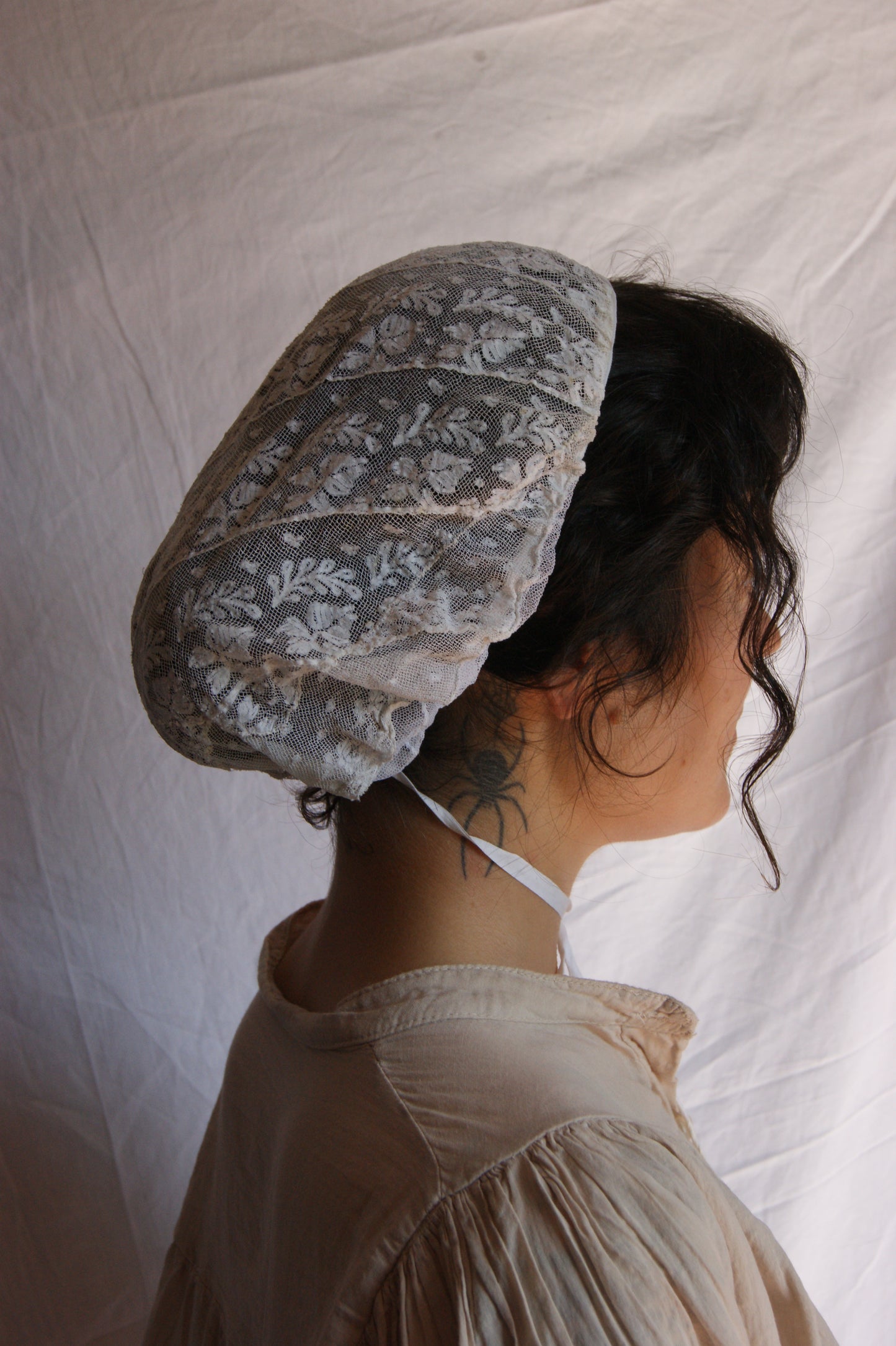 Antique French Filet Lace Bonnet with Ties