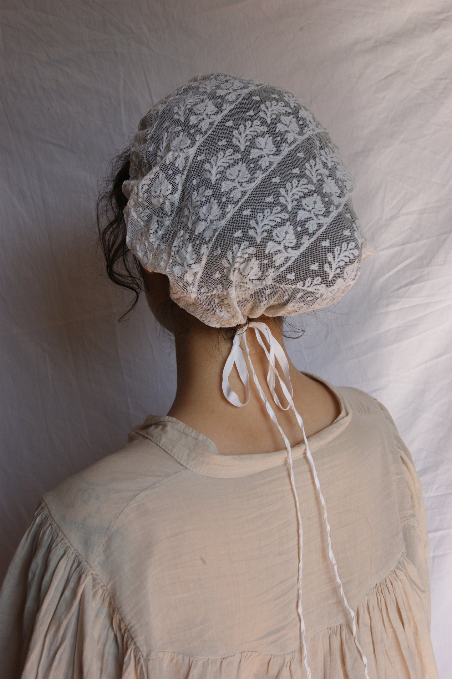 Antique French Filet Lace Bonnet with Ties