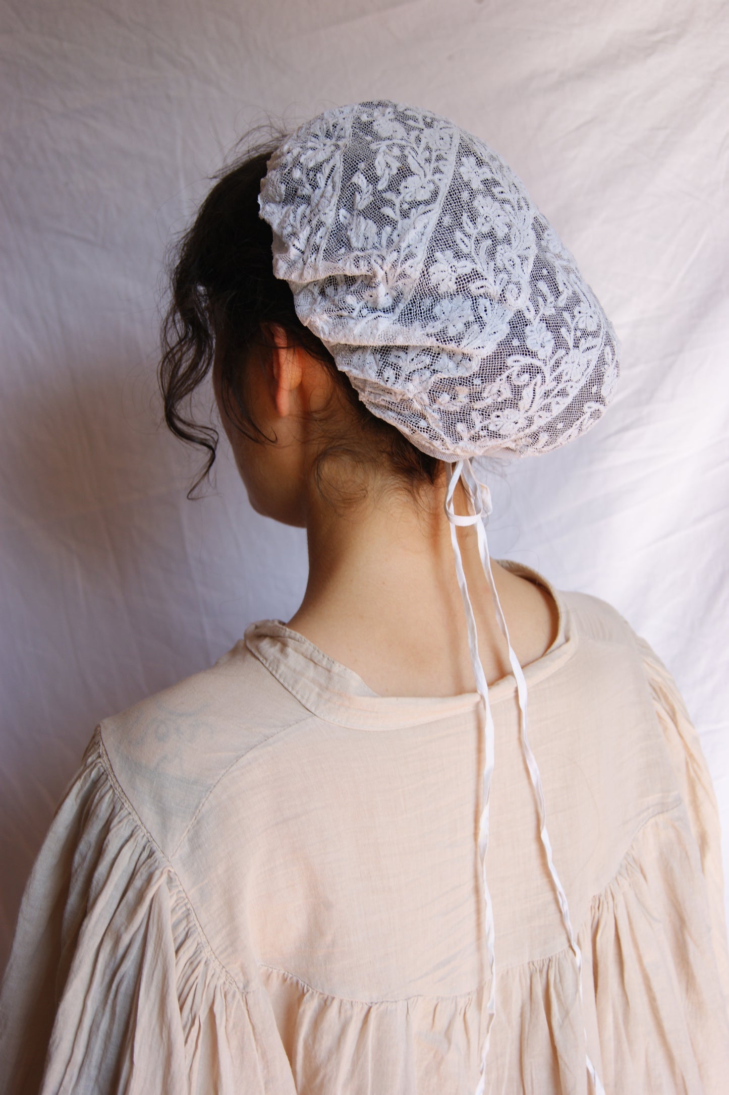 Antique French Filet Lace Bonnet with Ties