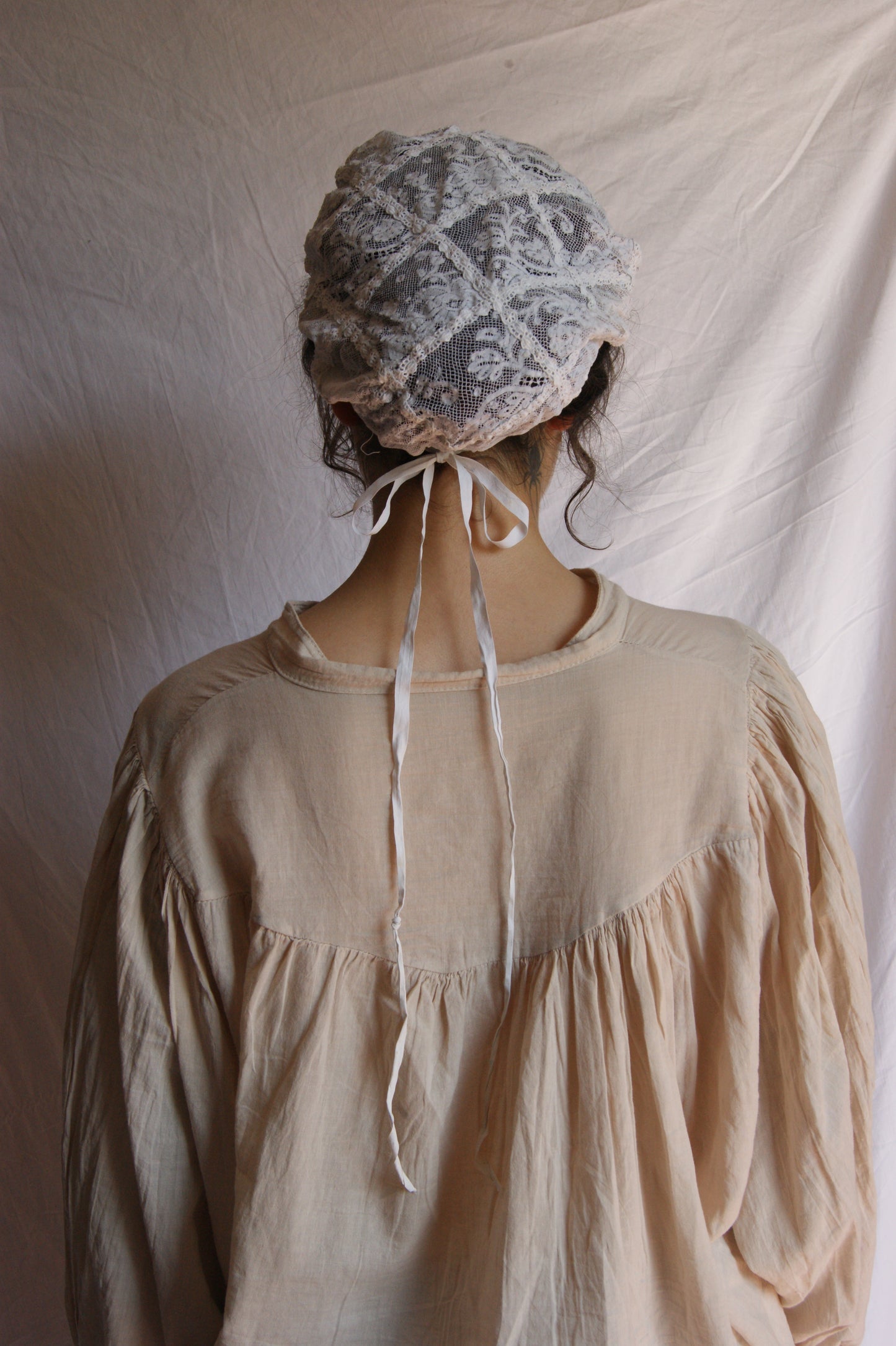 Antique French Filet Lace Bonnet with Geometric Pattern