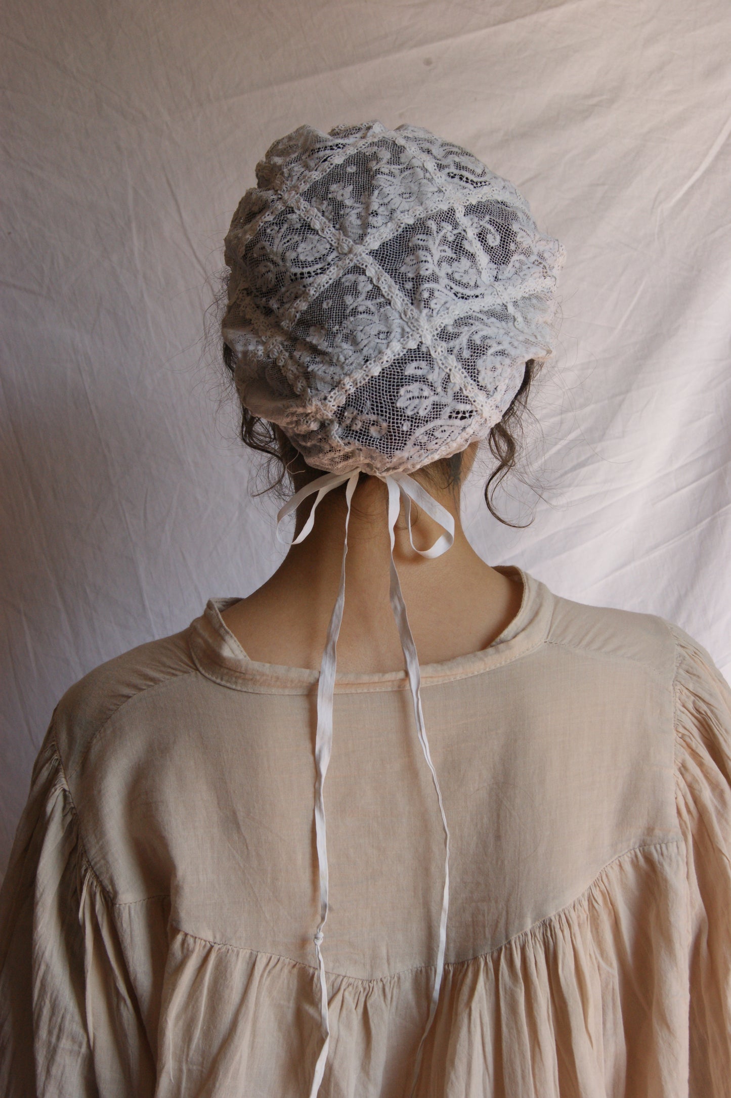 Antique French Filet Lace Bonnet with Geometric Pattern