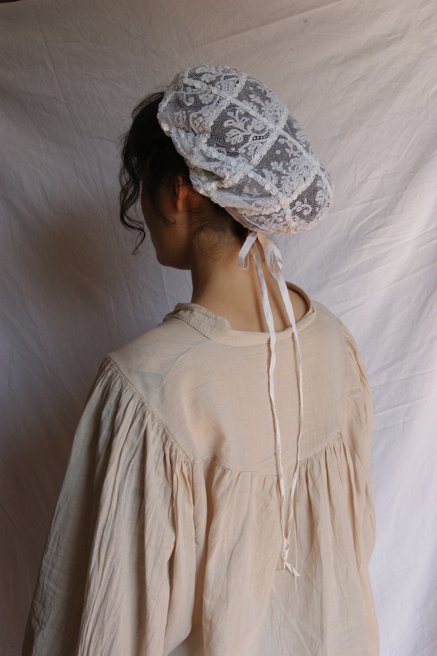 Antique French Filet Lace Bonnet with Geometric Pattern