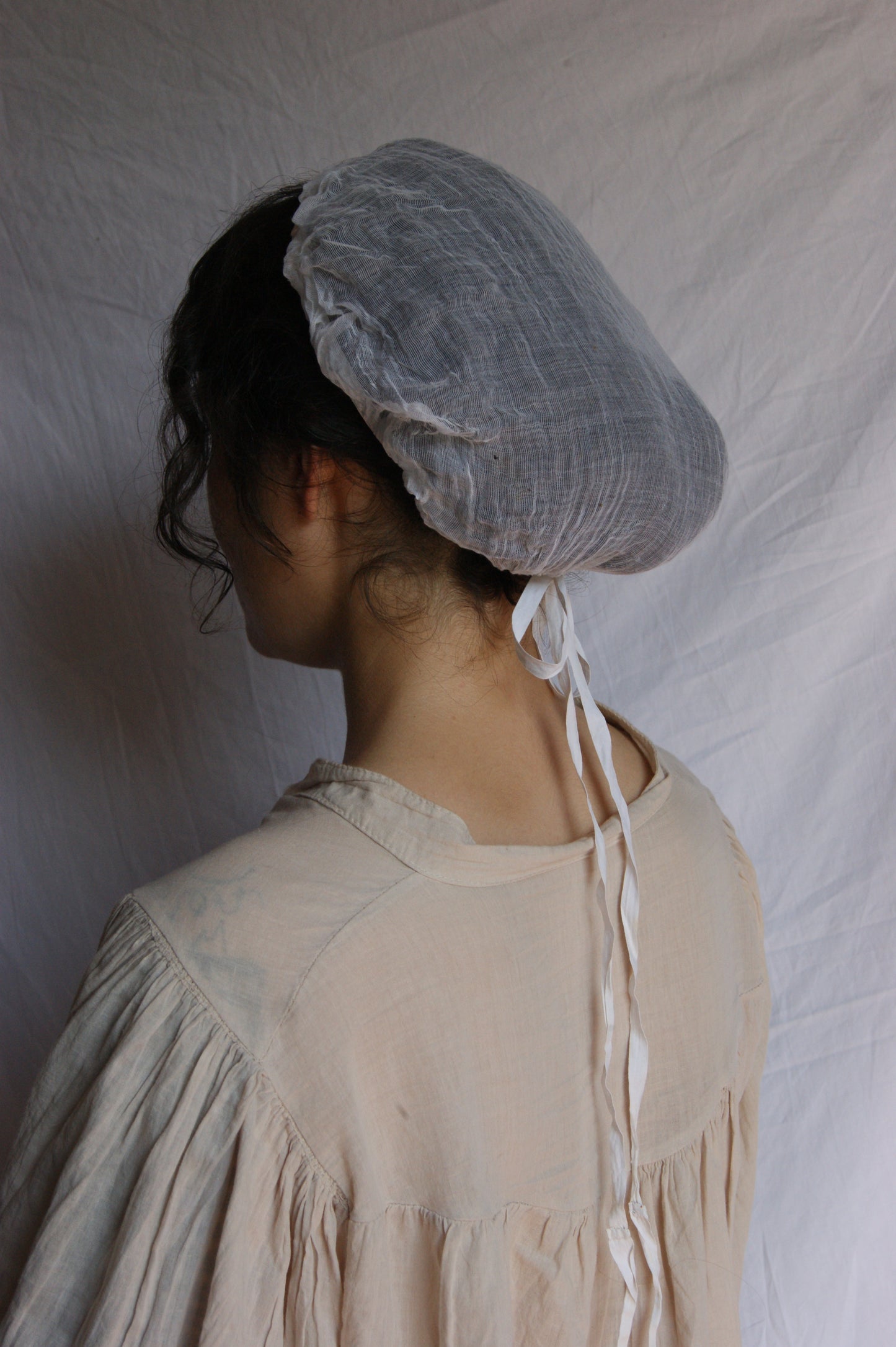 Antique French Cotton Gauze Bonnet with Ties