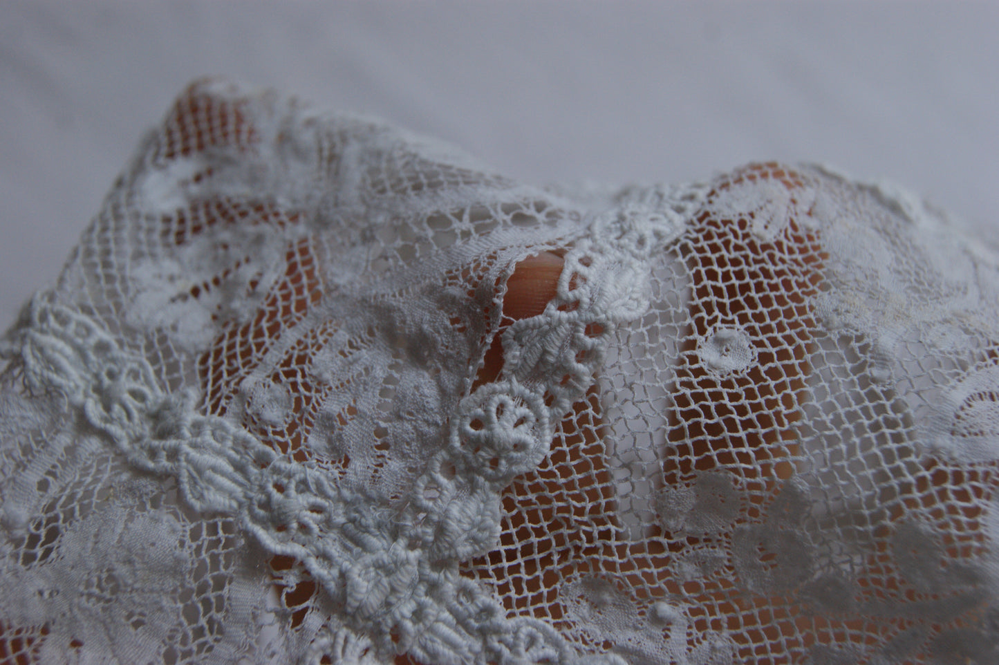 Antique French Filet Lace Bonnet with Geometric Pattern