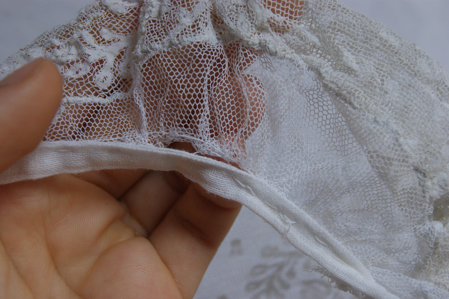 Antique French Filet Lace Bonnet with Ties