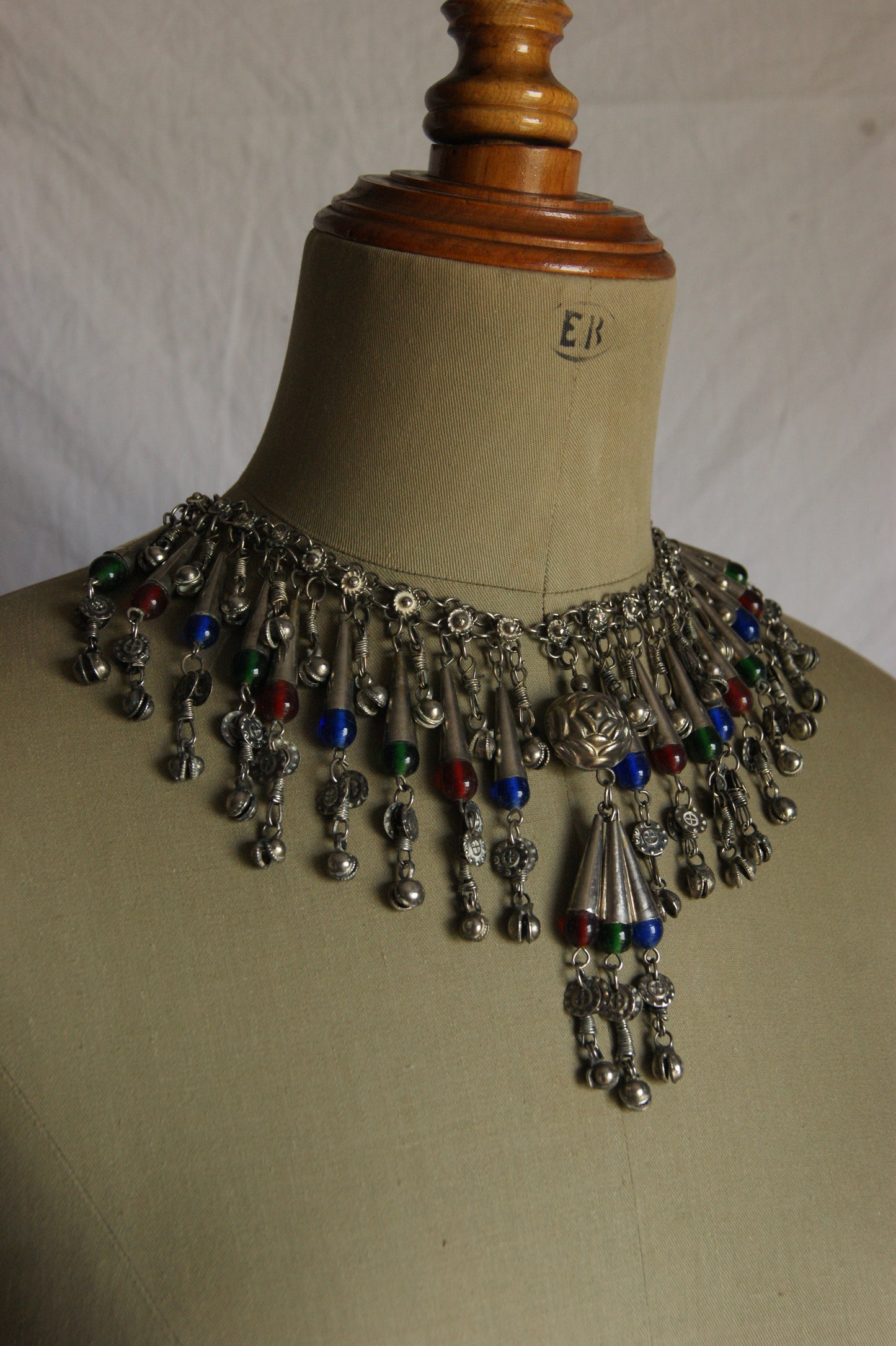 Antique Indian Silver Fringe Necklace with Multi-Colored Glass Beads
