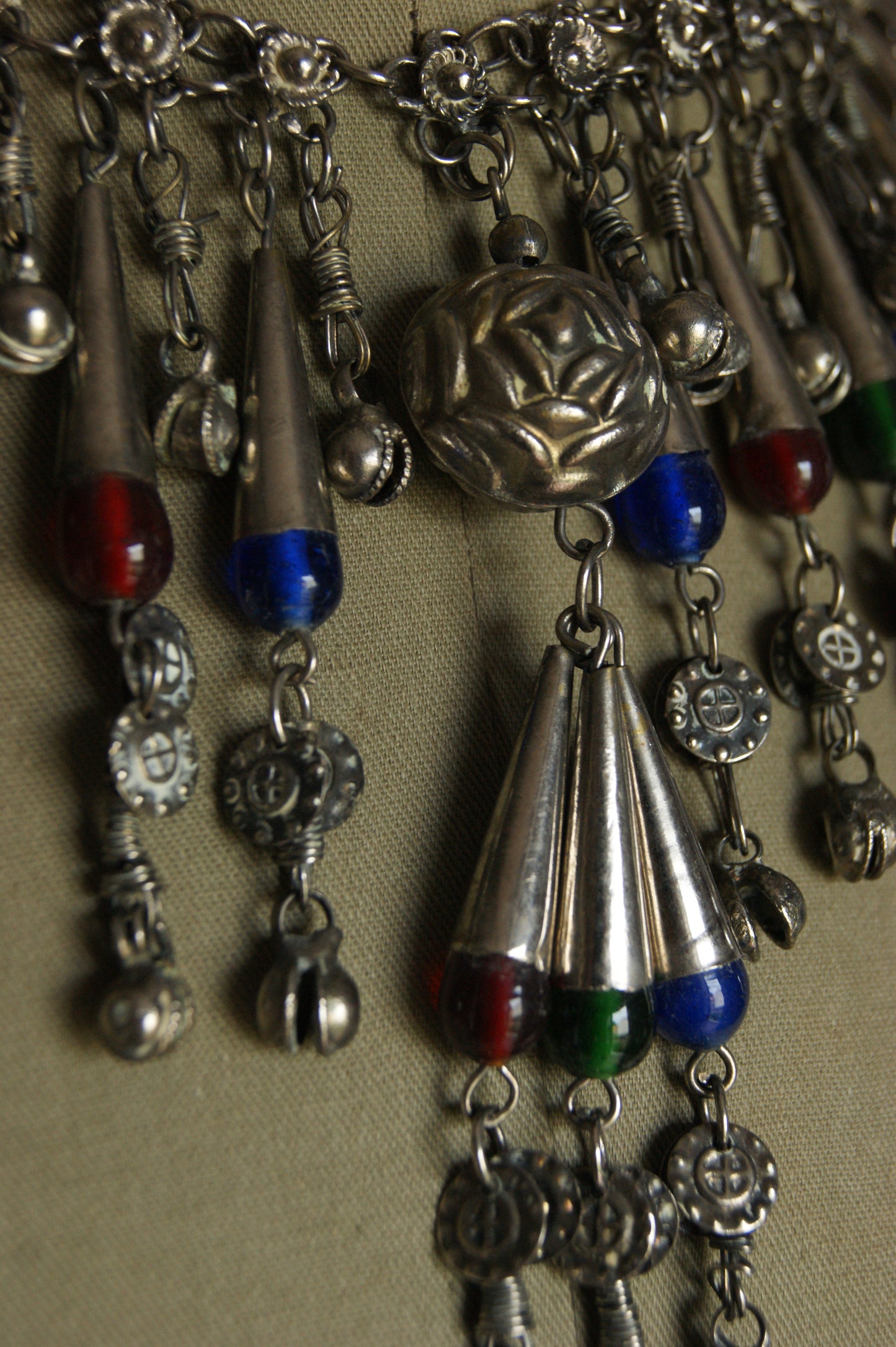 Antique Indian Silver Fringe Necklace with Multi-Colored Glass Beads